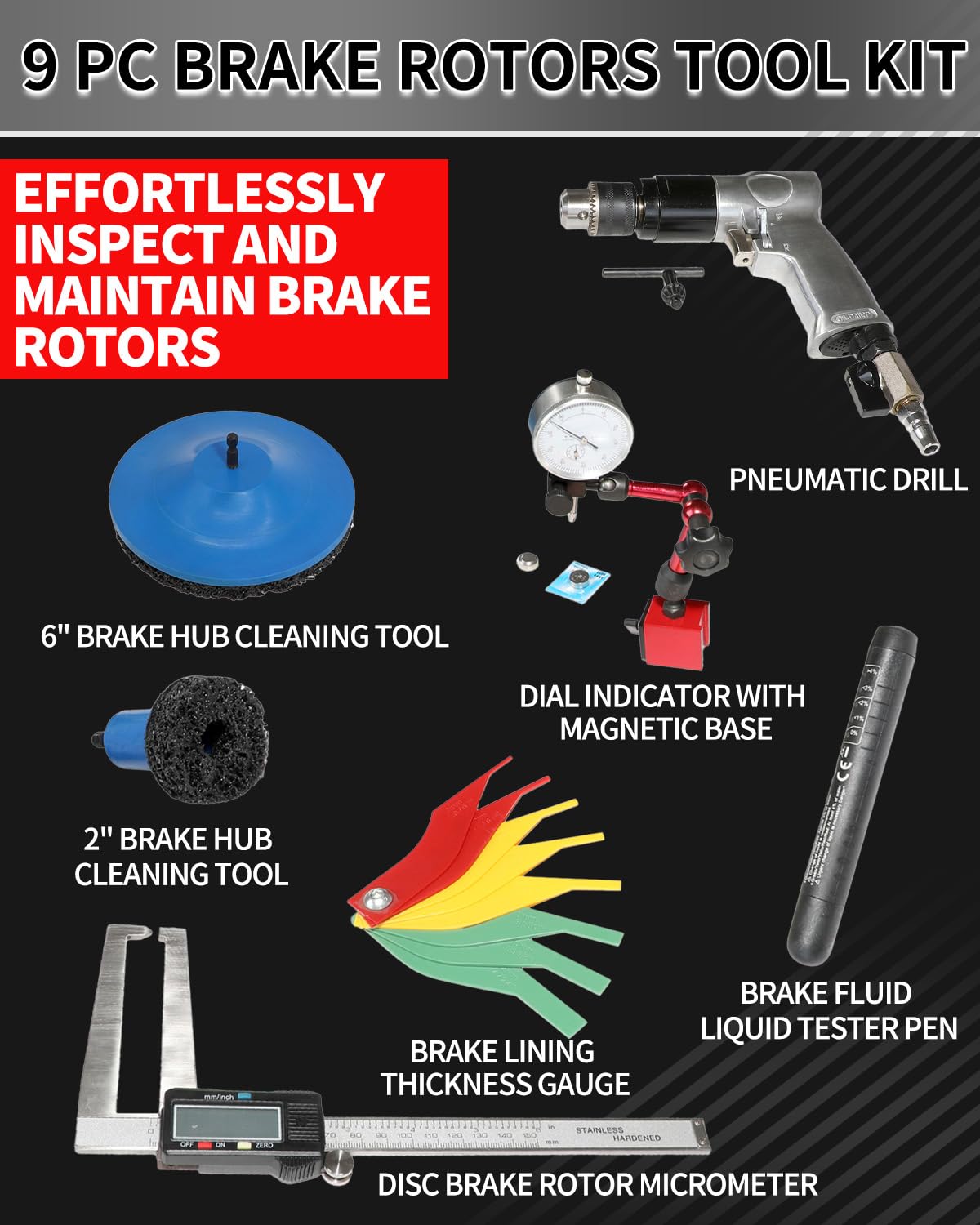 Kit di strumenti per rotori dei freni, kit di rifacimento per la pulizia del mozzo ruota con trapano pneumatico, micrometro metrico SAE, misuratore di spessore del rivestimento dei freni, penna tester