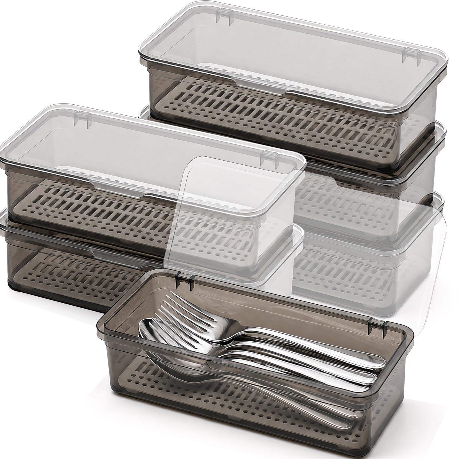 PBSKM 6 Pack Cutlery Organiser Boxes with Lids, 27 x 9 x 7 cm, Grey