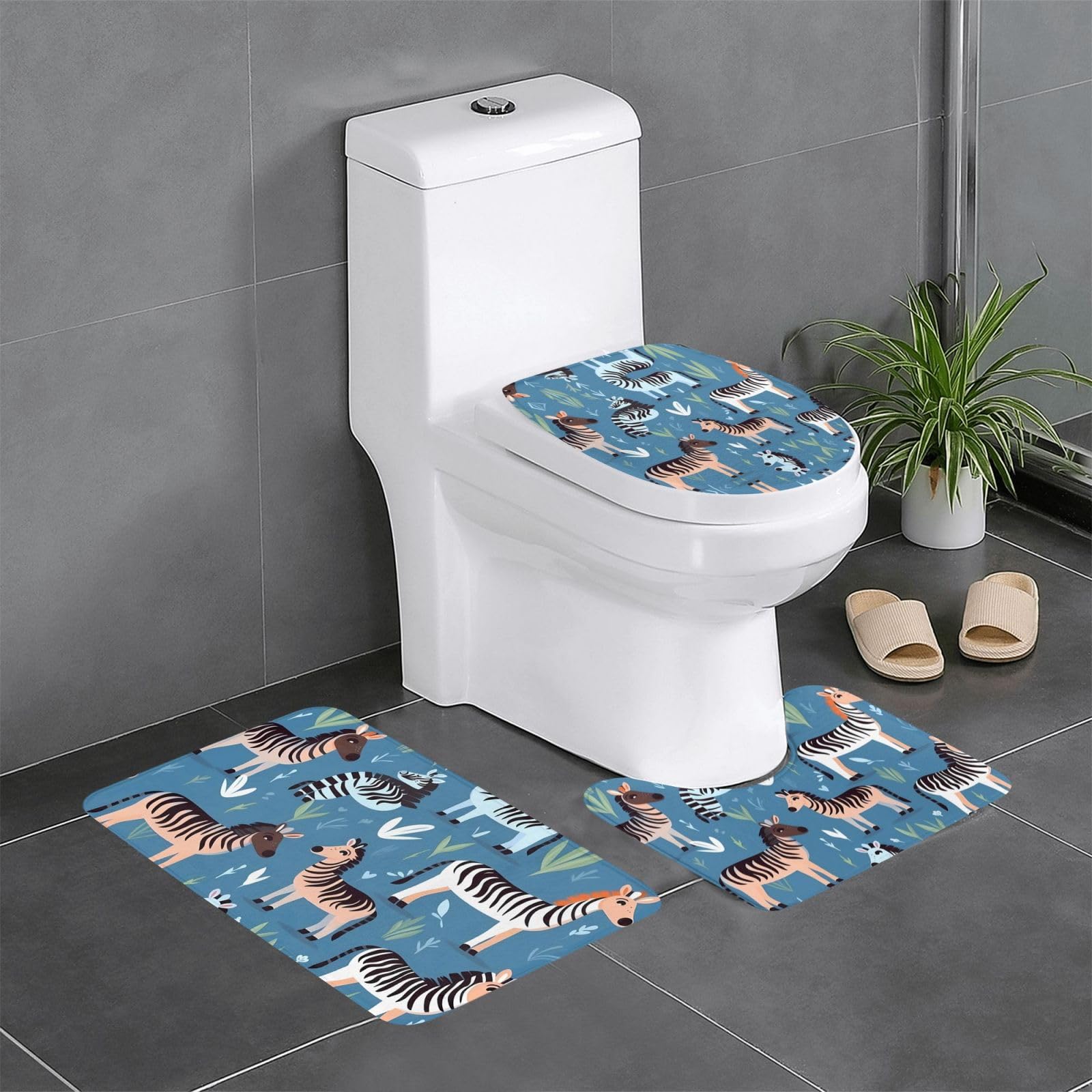 Tapis de salle de bain antidérapants lot de 3 avec motif zèbre sauvage pour toilettes et coiffeuse