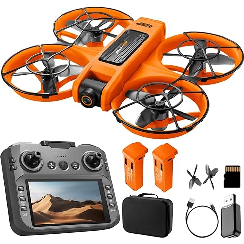 RC Drone With Screen On Controller (4.92in), UHD Dual Camera, Brushless Motor, Optical Flow Hovering, 360° Propeller Guard, 6-Axis Gyro, Headless Mode, One-Key Takeoff/Landing, 3-Speed Adjustable, 50X Zoom, Gesture Control, Trajectory Flight, Night LED, 2Batteries, 8GB Card, Beginner-Friendly FPV Remote Control Plane Copter Quadcopter (Orange)