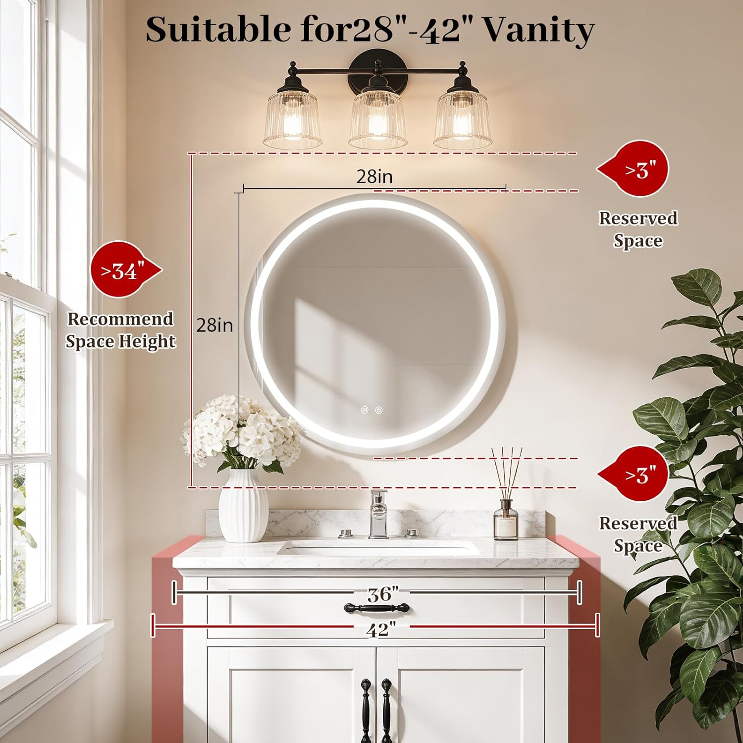 WallBeyond 28 in Round LED Medicine Cabinet with Mirror, Black Bathroom Cabinet with Storage, 3 Color Stepless Dimmable Lights, Anti-Fog, Memory Function, Hardwired, Surface Mount