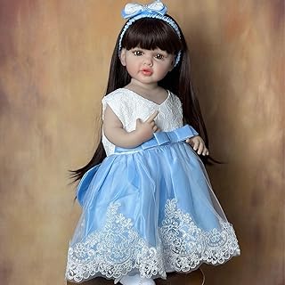 SHENGX Bebe Reborn Silicone Realista Menina, Linda Menina Sorridente Com Cabelo Comprido - 55Cm/22" Vinil Macio Feito À Mão Boneca Reborn Menina,Vários Conjuntos De Roupas De Boneca,Azul