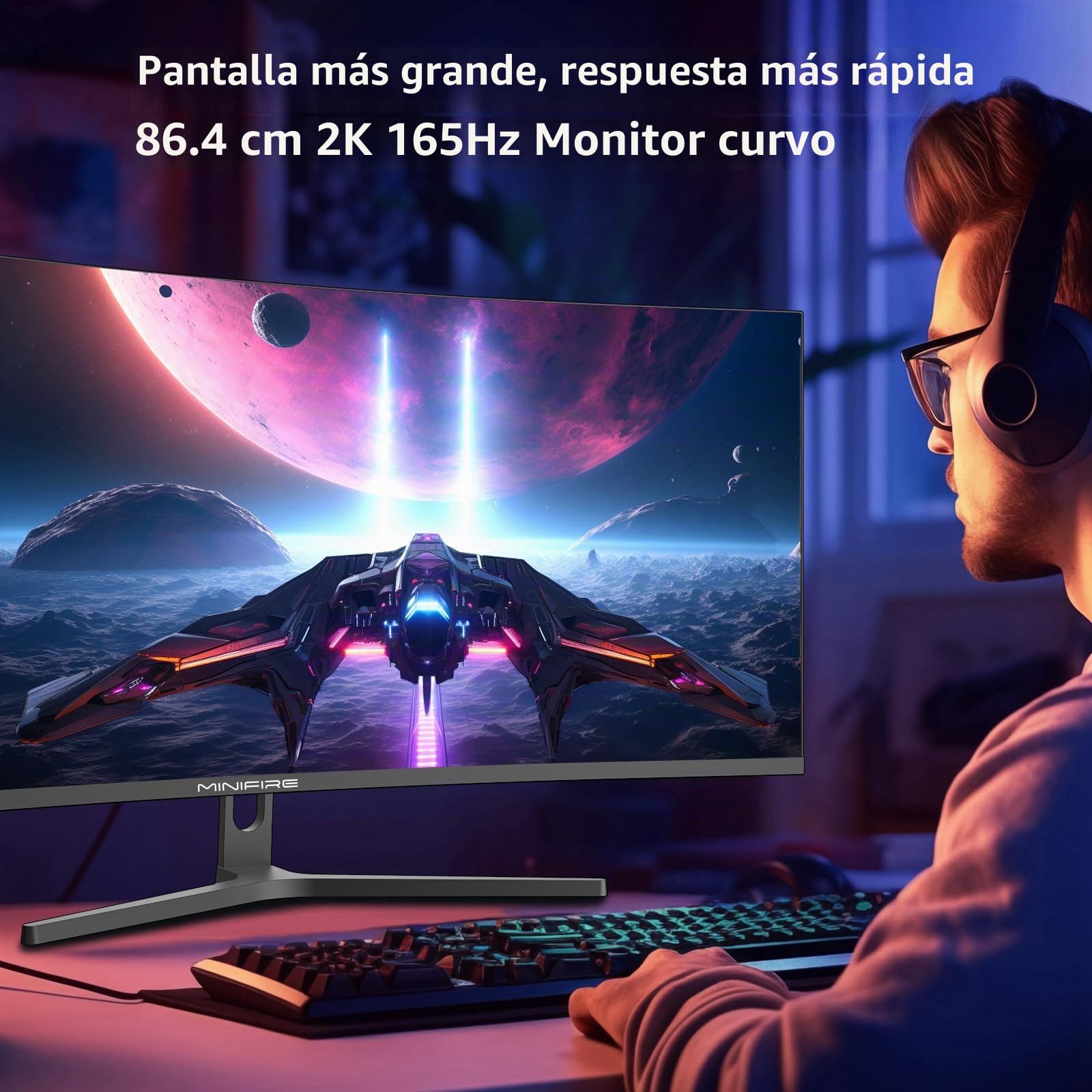 Minifire - Pantalla para PC para juegos curvados de 34 pulgadas, 2 K UWQHD(3440 x 1440), 1 ms MPRT, 165 Hz(DP), 100 Hz(HDMI), AMD FreeSync, monitor Gaming 1500R, VA Panel, 2 x HDMI 2.0/2 x DP 1.4
