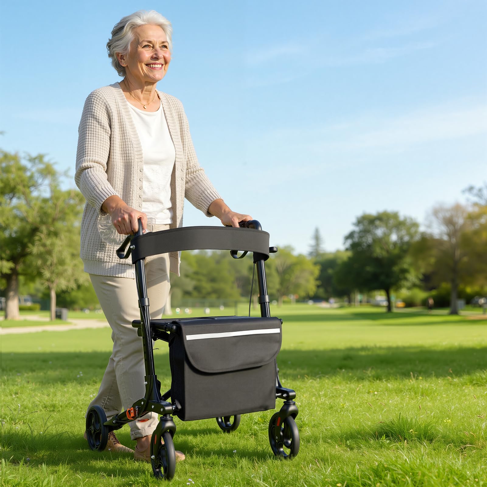 Andador plegable para adultos, ayuda a caminar para ancianos con asiento, respaldo, freno, ruedas grandes de 20 cm, altura ajustable, marco de aluminio resistente, 159 kg (Negro)