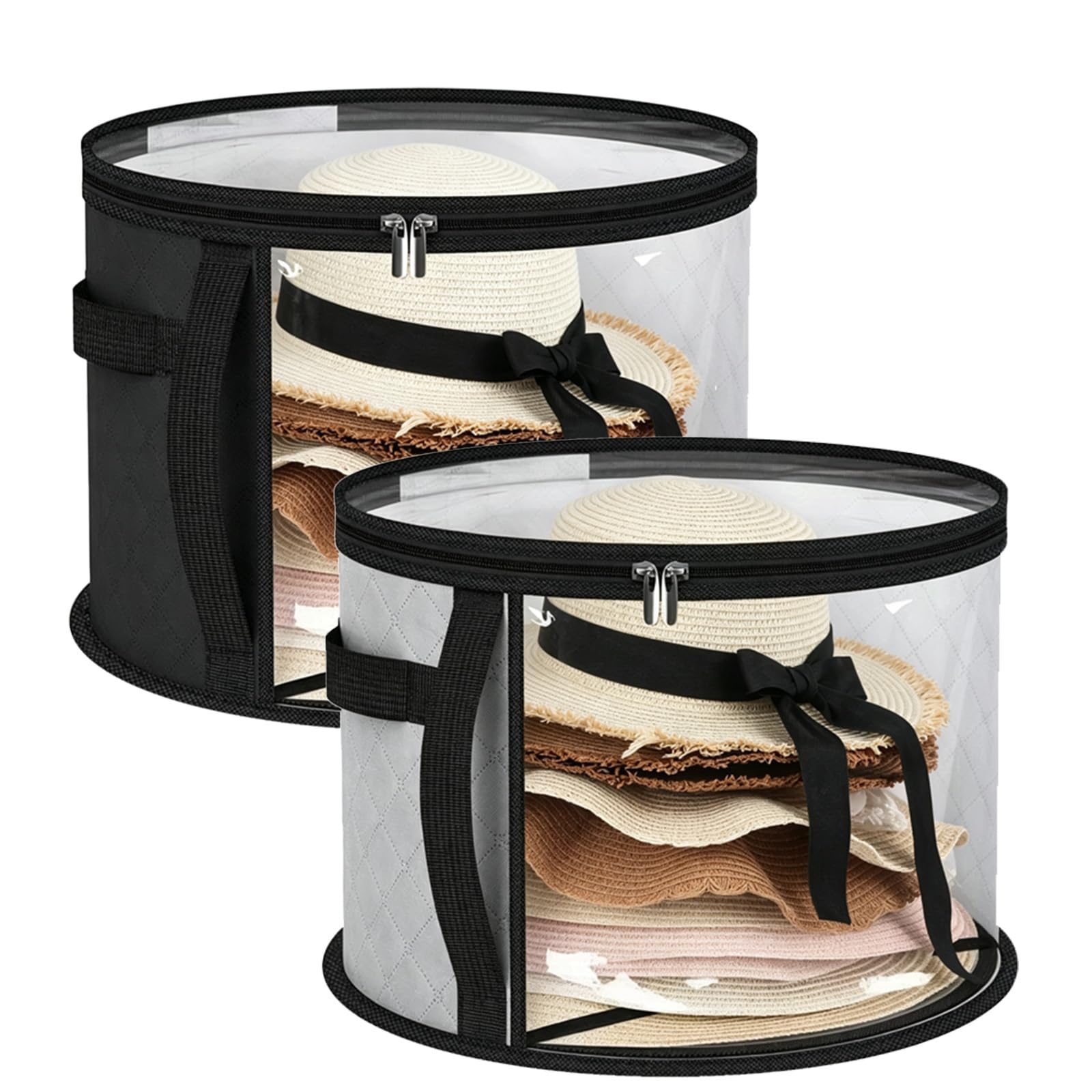 Pxvelcn 2PCS Foldable Travel Hats Boxes Storage, Round Hat Box with Transparent Window, Hat Box for Travel, for Women and Men (Gray+Black, 16.5 * 10.9inch)