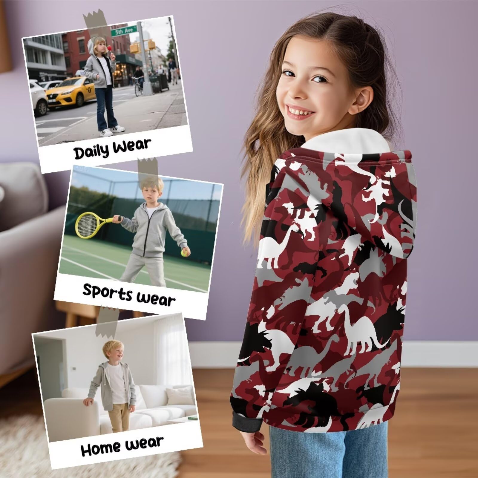 Xoenoiee Dziecięce bluzy z kapturem dla chłopców, zapinana na zamek, bluza 3D, fajna grafika zwierzęca, sweter z długim rękawem, top na jesień i zimę, Czerwone abstrakcyjne dinozaury, 12-14 Years