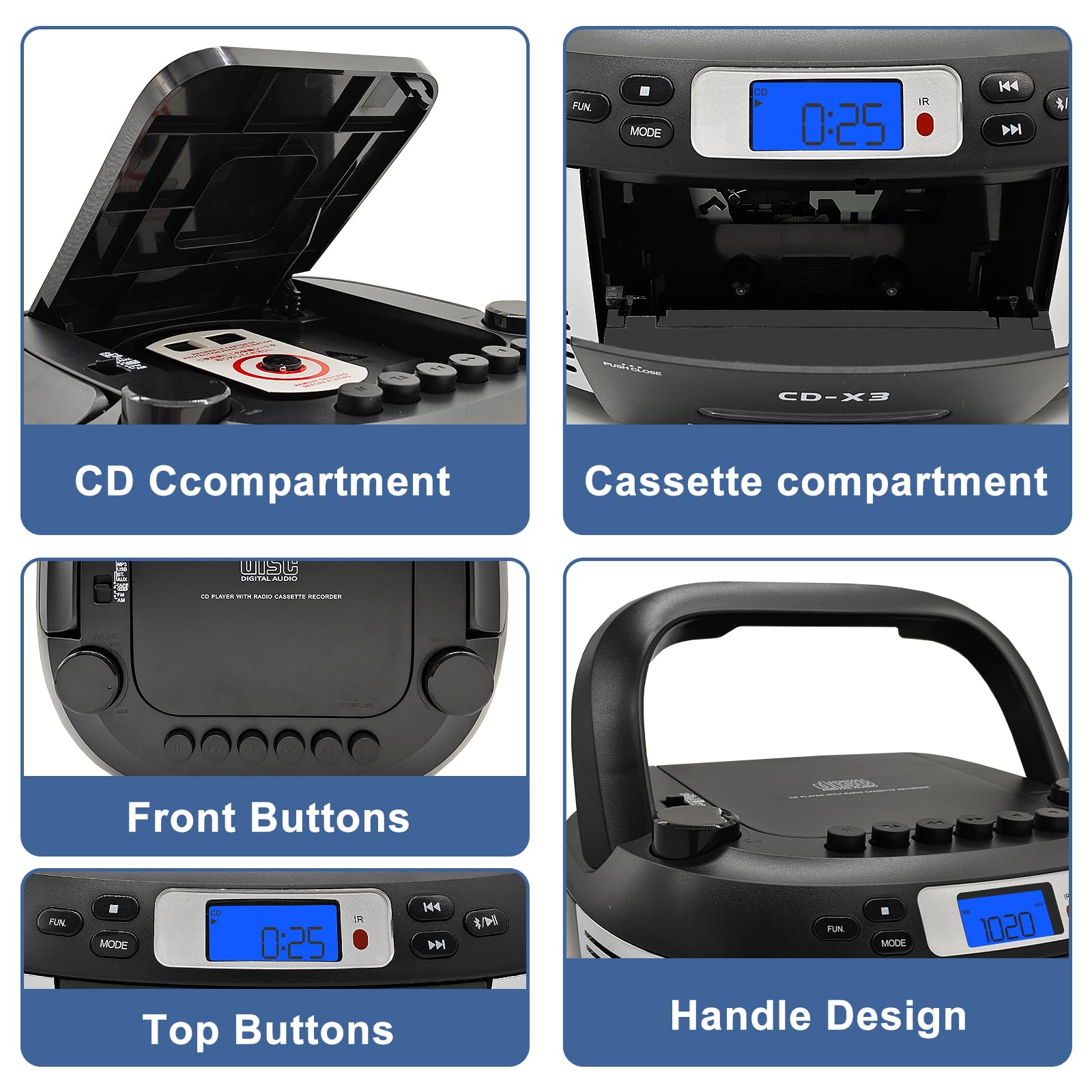 Tragbarer CD- & Kassettenplayer mit Fernbedienung – Inklusive FM/AM-Radio, USB-Wiedergabe, Bluetooth-Lautsprecher, Aufnahmefunktion und Netz-/Batteriebetrieb (Nicht inkl)