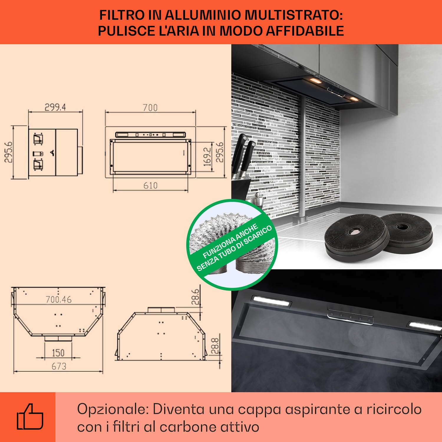 Klarstein Cappa Aspirante 70cm, Cappa Cucina con Filtro Cappa Cucina in Alluminio Lavabile in Lavastoviglie, Cappa Incasso con Flusso d'Aria 508 m³/h, Luci LED, Cappa Sottopensile con Touch Control