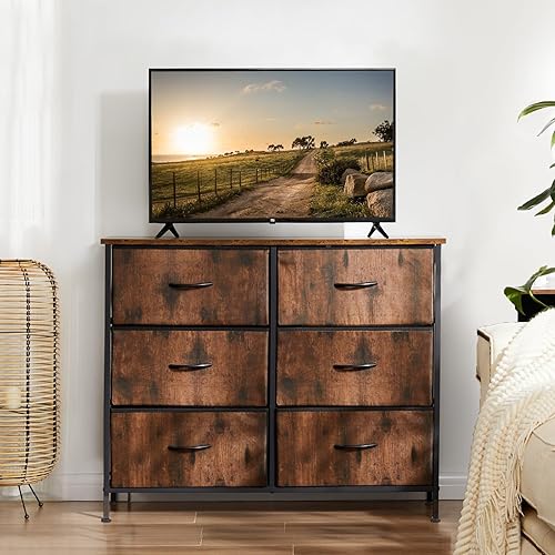 Vista 197 de DUMOS Cómoda para dormitorio, 4 cajones, organizador de cofres altos de tela, muebles de torre con marco de metal superior de madera para sala