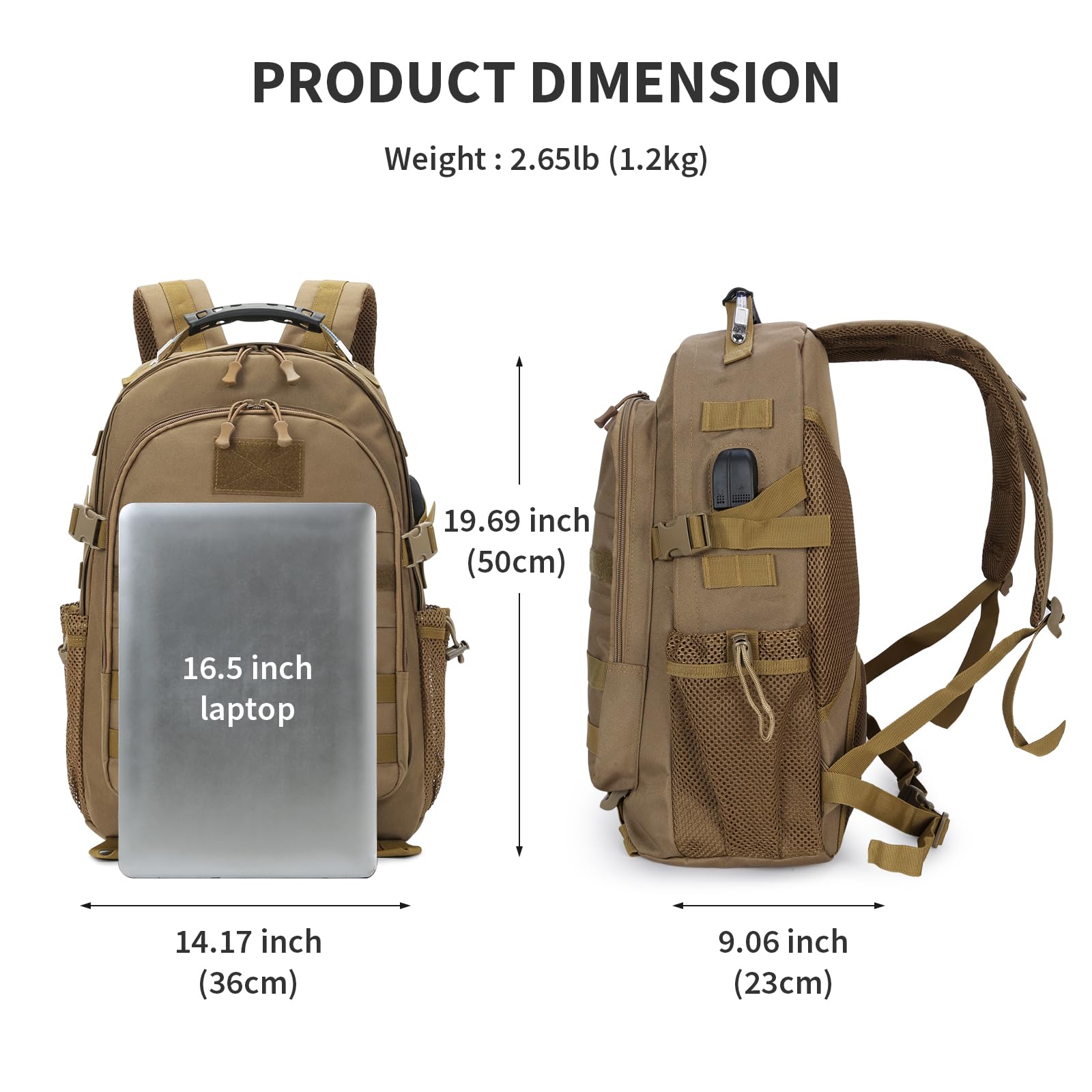 HUNTVP Mochila táctica militar de 40 L, mochila grande del ejército de 3 días, mochila de asalto Molle, mochila de caza WR, Marrón oscuro, Mochila táctica Militray, mochila táctica de senderismo