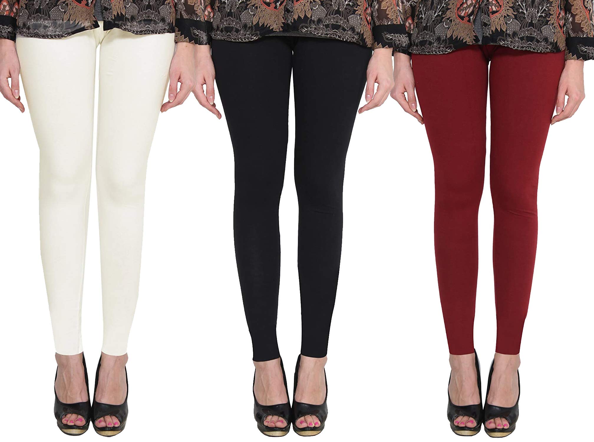 clarita Premium_Cotton Lycra_Ankle Length Leggings_For Women/Girls/Ladies_Combo Pack of 3_(Off-White, Black & Maroon)-picture-31