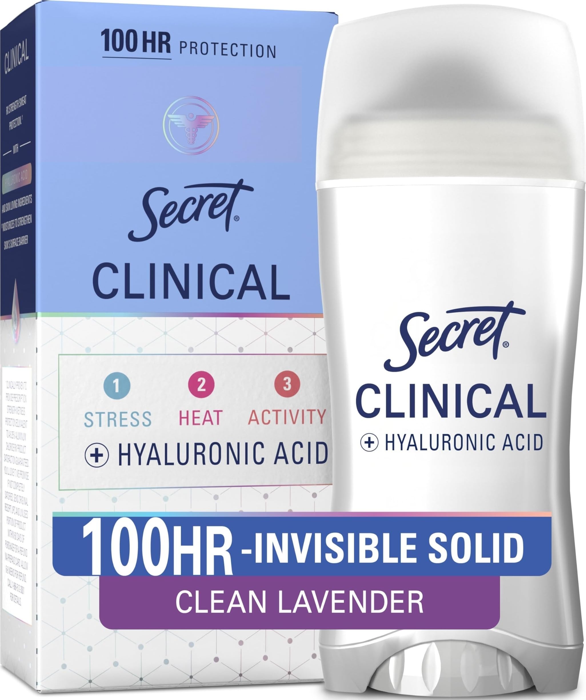 Secret Clinical Strength 100HR Sweat & Odor, Invisible Solid Antiperspirant Deodorant for Women, 3X Stress Protection with Hyaluronic Acid, PH Balanced, Clean Lavender Scent, 2.6 oz Lavender 2.6 Ounce (Pack of 1)