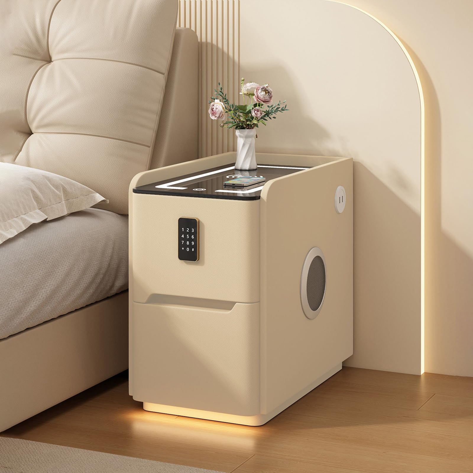 FCHZJCZYT Smart Nightstand, Modern Night Stands, Nightstand with Charging Station W/Combination Lock Induction Light Strip, Fully Assembled for Bedroom Living Room,Khaki,25 * 40 * 50cm/10 * 16 * 20"