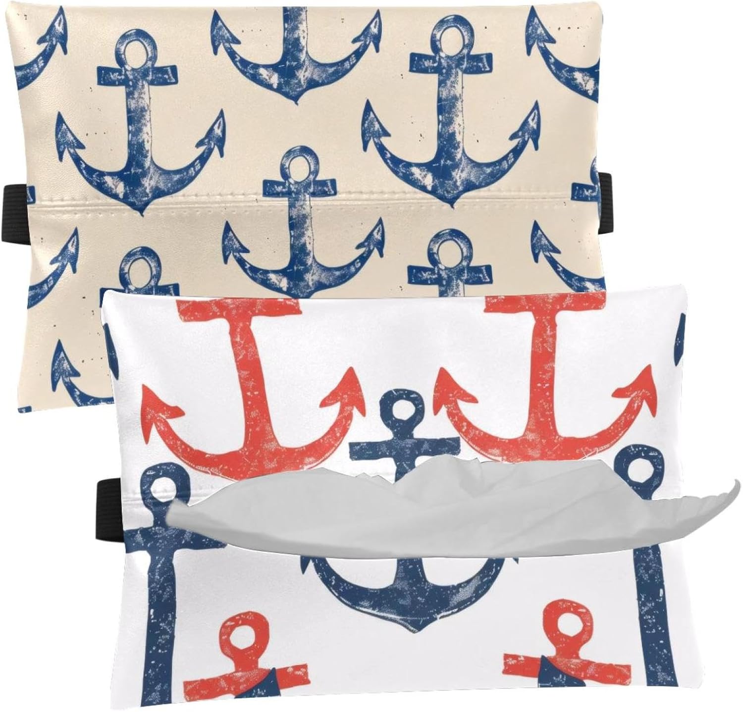 2 Pieces Tissues Purse Pocket Car Tissue Box Holder, Reusable Travel Car Visor Tissue Pouch Zipper Tissue Case for Vehicle Paper Storage (Blue Anchor Print)