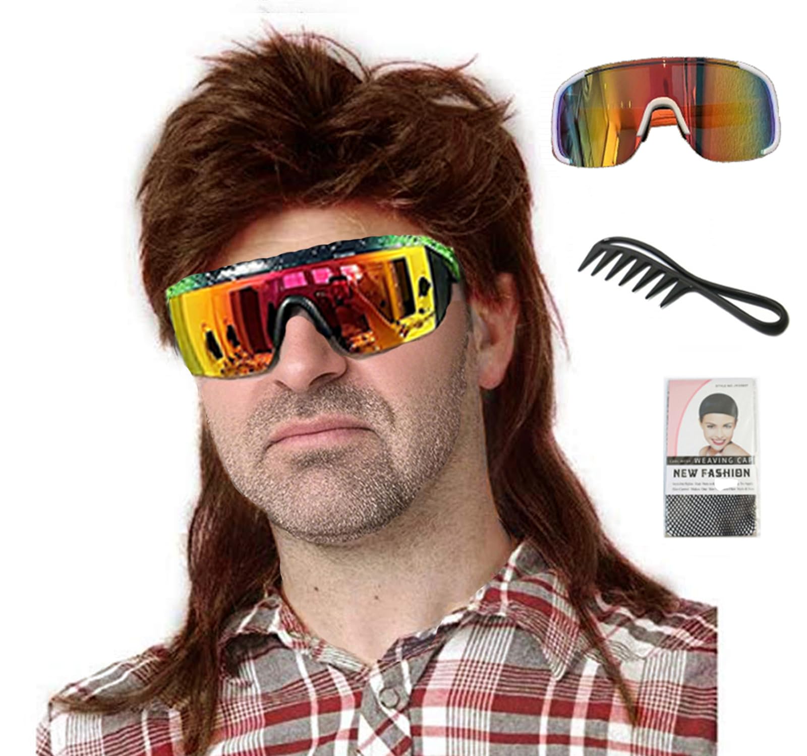 ByouByou Men's 80s Mullet Wig Set, Long Mullet Wig with Bangs, Synthetic Hair Wig, Ideal for Halloween Costumes, Cosplay & Retro Parties (Mdeium Brown