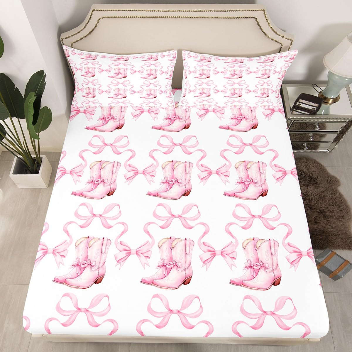feelingyou Cowgirl Boots Fitted Sheet Double Size 3 Pcs,Western Cowgirl Theme Princess Style Collections(No Flat Sheet),Watercolor Pink Bowknot Ribbon Bow-tie Stripes Bedding Deep Pocket for Kids