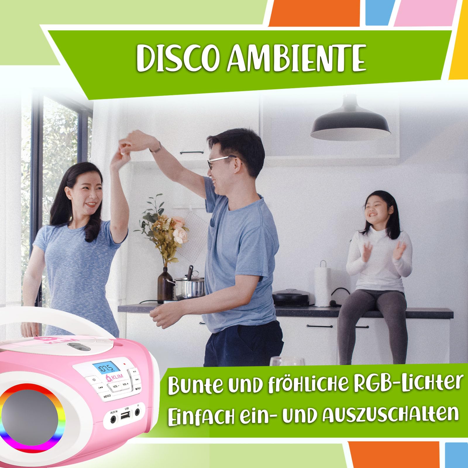 Candy Kids Boombox CD Player für Kinder mit UKW Radio und Lautsprechern | Mit fröhlicher Discofunktion inklusive Batterien und Netzkabel für Kleinkinder, Rose