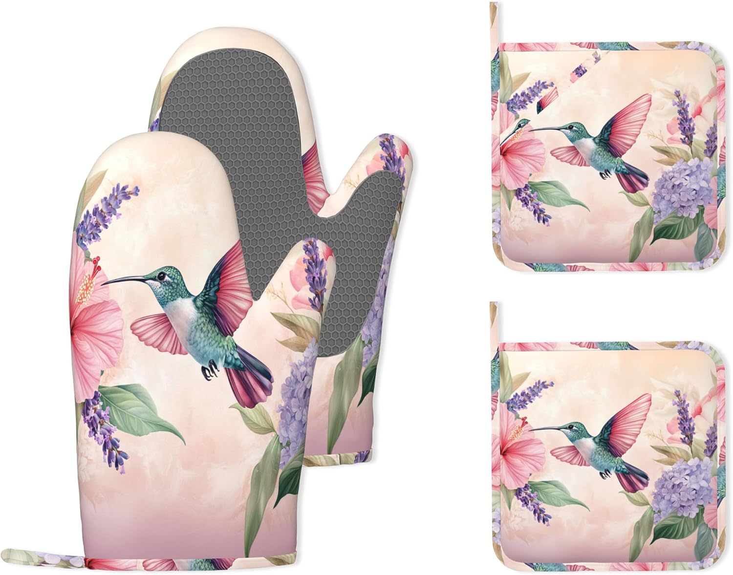 Hummingbird Heat-Resistant Silicone Oven Mitts and Pot Holders 4 Piece Set,Pink Flower Extra Long Non-Slip Kitchen Oven Gloves for Cooking, Baking, BBQ,Grilling