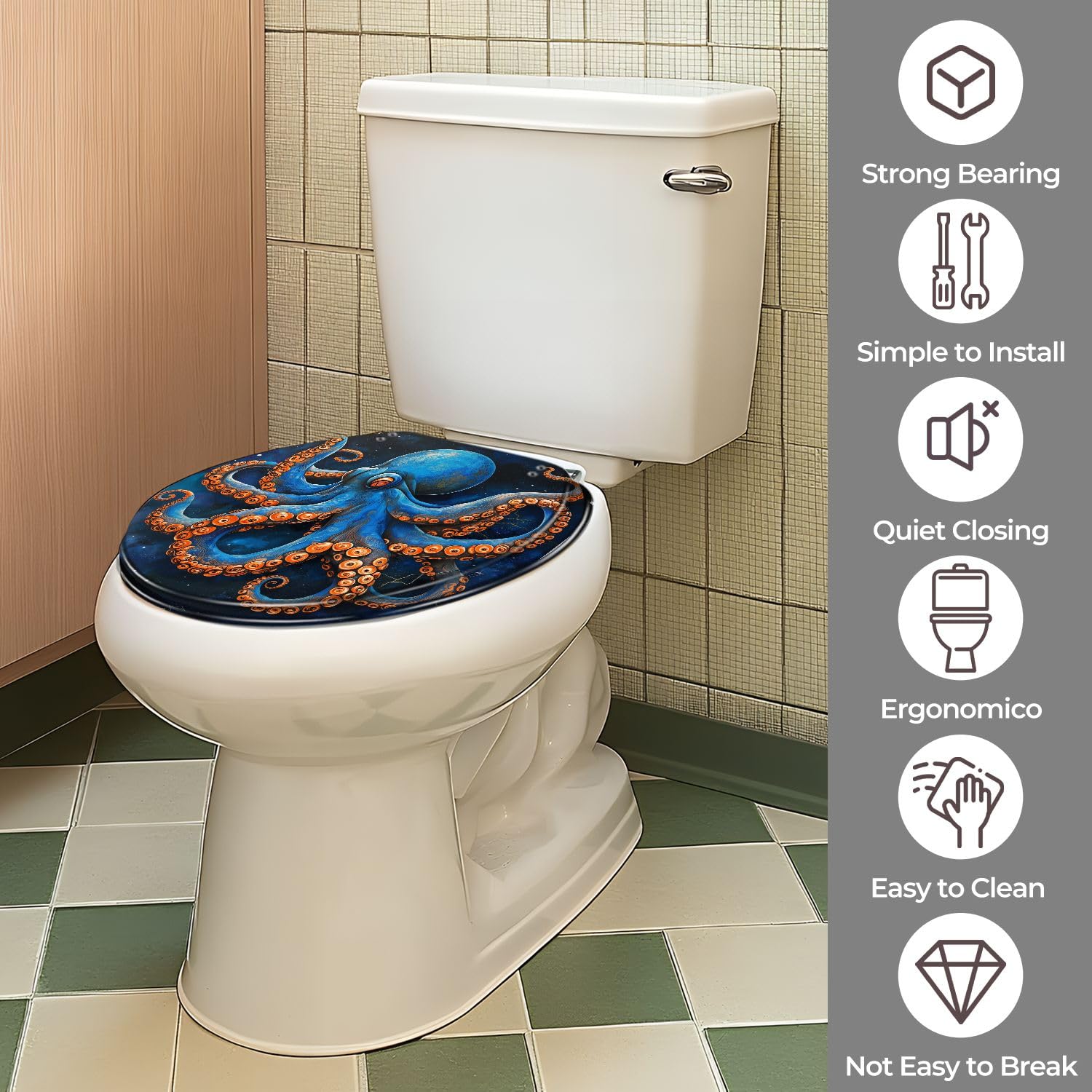 Tapa de inodoro redonda de resina con bisagras de fácil limpieza y liberación rápida. Cubierta decorativa para baño.