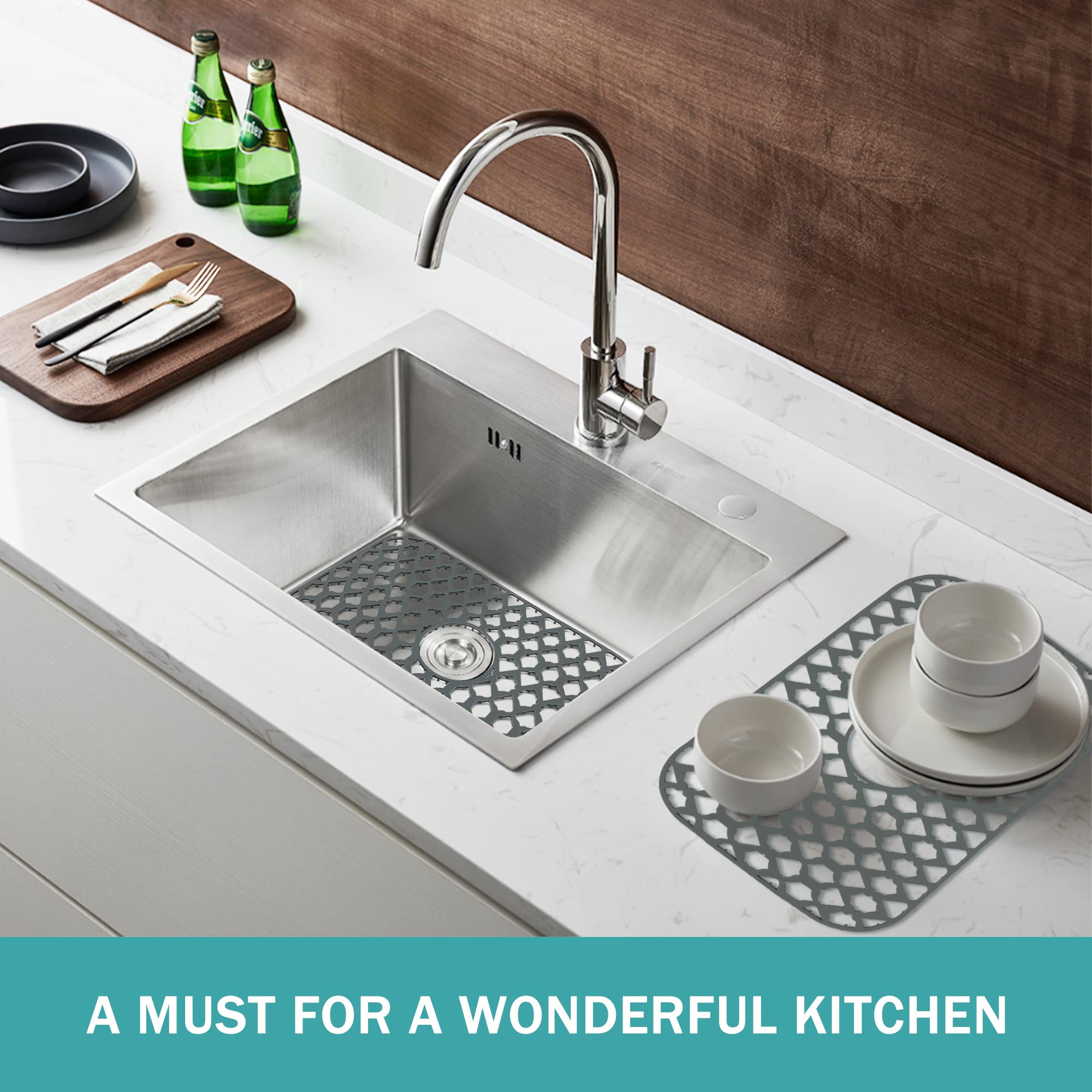 SAMSIER Protectores de fregadero para fregadero de cocina de 19 x 13 pulgadas, rejilla de silicona para fregadero de cocina inferior de granja de acero inoxidable fregadero de porcelana (gris,