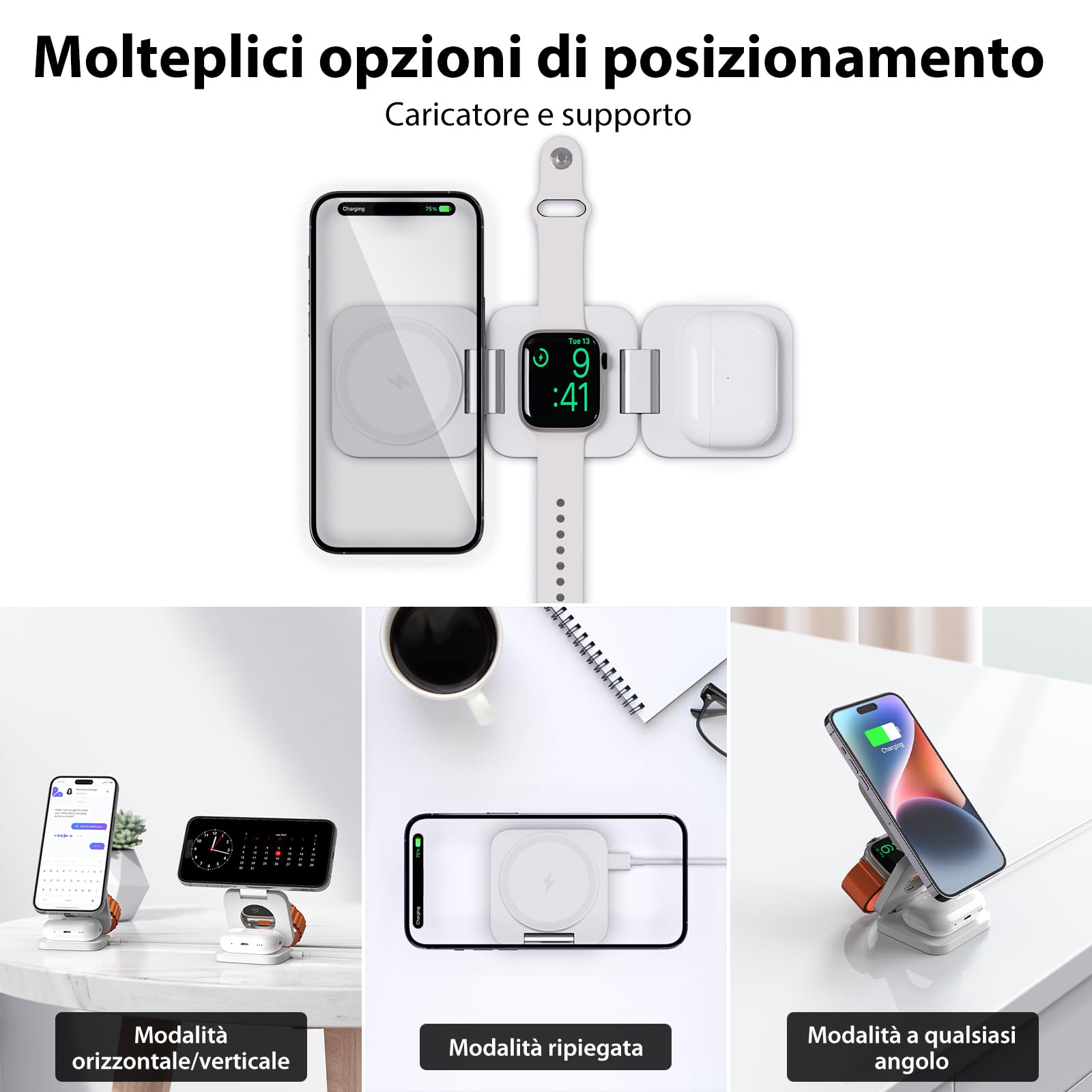 KU XIU 3 in 1 caricatore wireless per iphone, supporto magnetico pieghevole per iPhone 16/15/14/13/12 Pro/Plus/Pro Max/Mini, caricabatterie rapido da 5 W per Apple Watch 9/8/7/6/5/4/SE, per Airpods