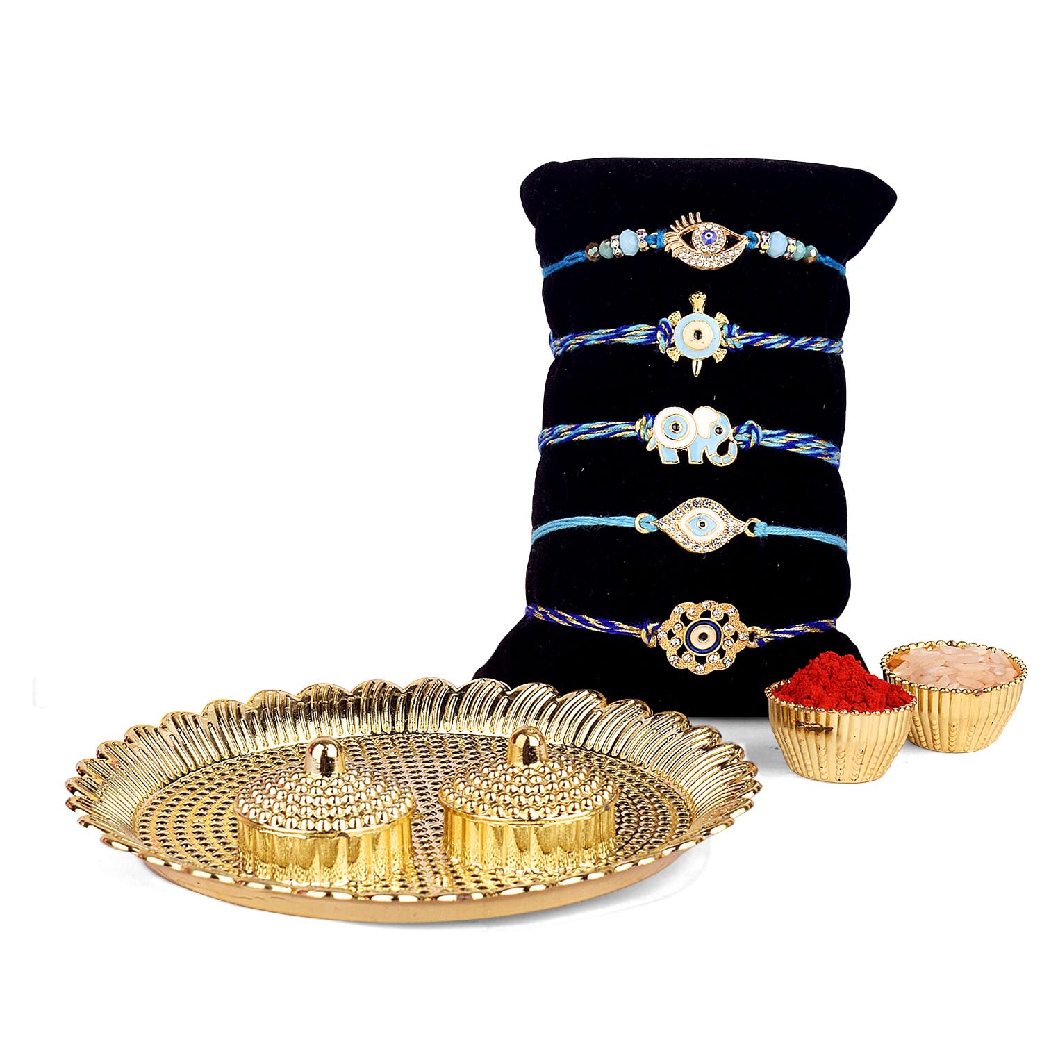 SATVIK STORESATVIK 5 Pc Evil Eye Rakhi for Brother Bhaiya Bhabhi Traditional Handmade Quality Assorted Designer Rakhi Set Roli Chawal, Greeting Card & Soun Stickers Rakhi Thread Rakhdi Bracelets Rakshabandhan