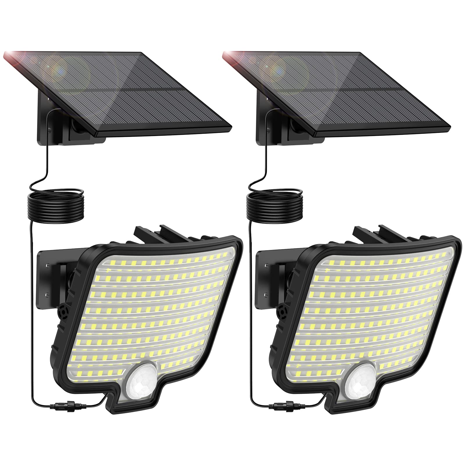 Solarlampen für Außen mit Bewegungsmelder 2 Stücke, 120 LED Solarleuchten mit 3 Modi, Solar Wandleuchte, 120°Beleuchtungswinkel, 1800mAh, 7500K, IP65 Garten Sicherheitswandleuchte mit 16.4ft Kabel