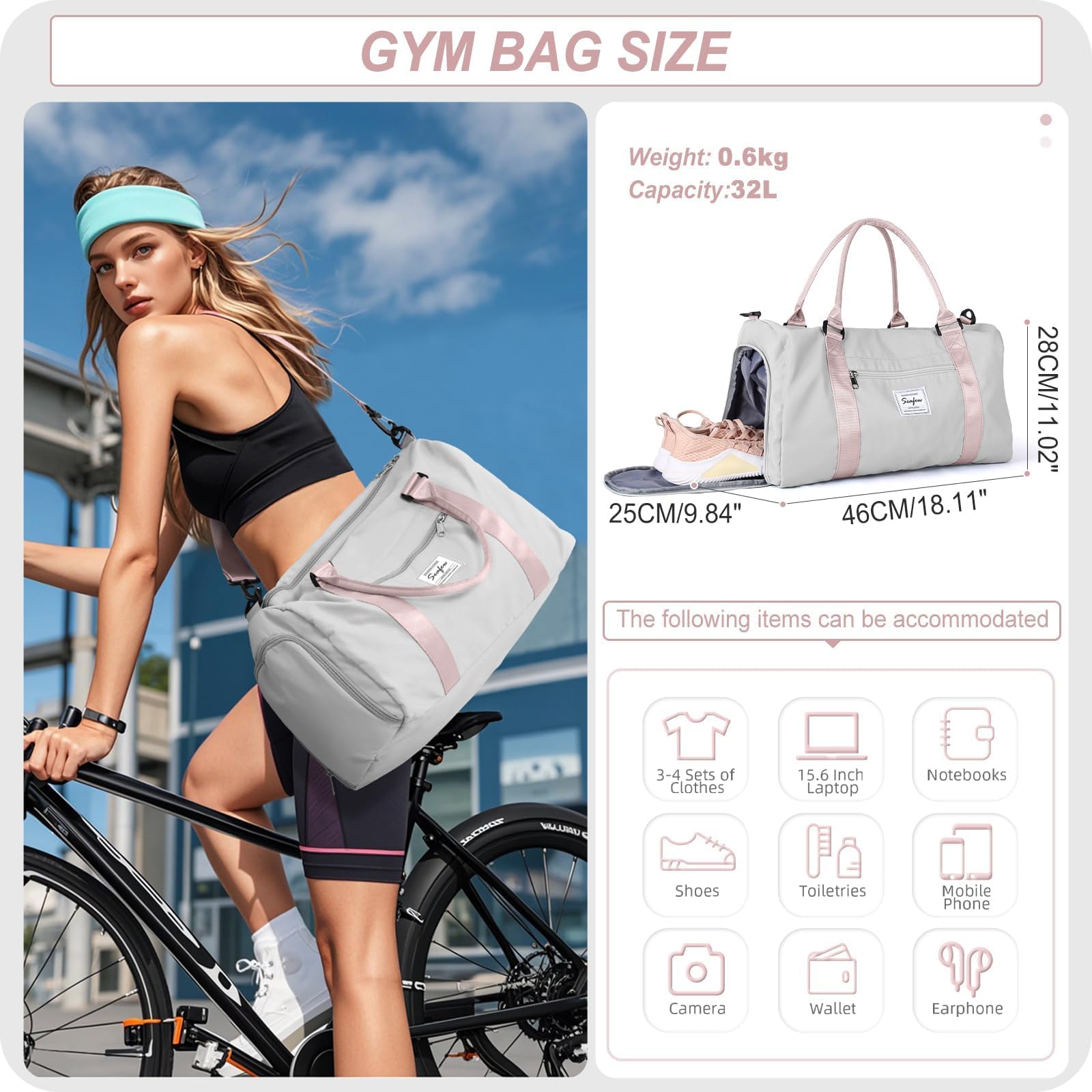 Bolsa Gimnasio Deportiva Mujer Hombre Grande con Compartimento Zapatos Bolsillo Húmedo Sports Gym Bag