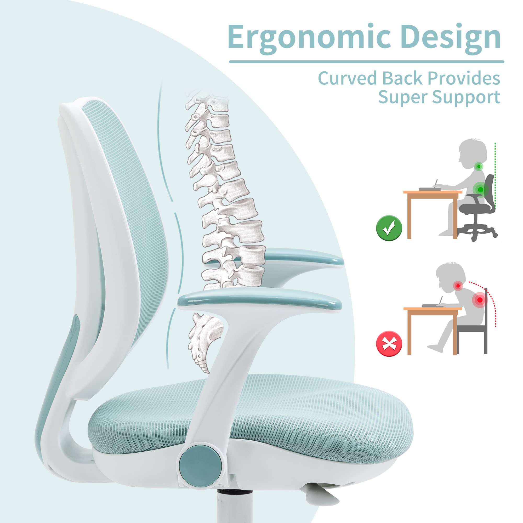 HOMEFUN Kids Desk Chair, Computer Chairs with Armrest and Footrest for Boys Girls Cute Mesh Ergonomic with Adjustable Height Swivel Safe Sit-Locking Casters Blue