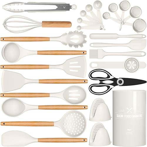 AIKKIL - Juego de utensilios de cocina de silicona, juego de 28 utensilios de cocina blancos con asas de madera, pinzas, espátula, servidor de