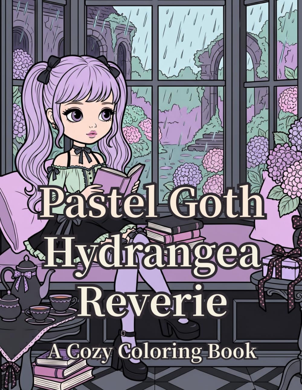 Pastel Goth Hydrangea Reverie: A Cozy Coloring Book of Rainy Reading Nooks, Hydrangea Terraces & Glasshouse Dreams