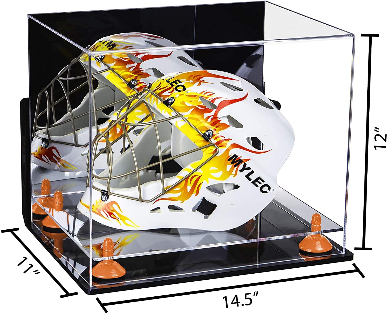 Better Display Cases Versatile Clear Acrylic Display Case - Large Rectangle Box with Mirror Case, Orange Risers, Wall Mount and Clear Base 14.5
