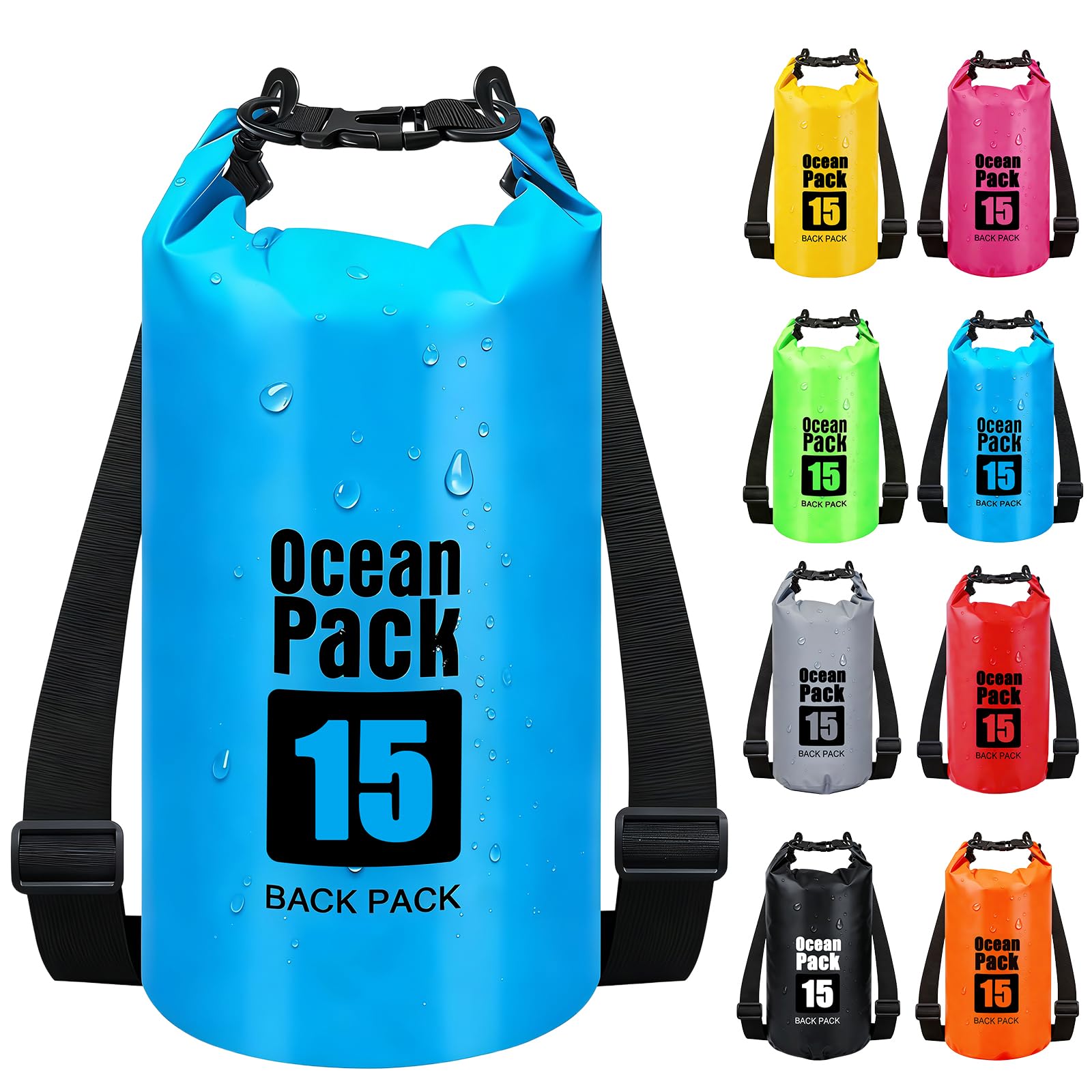 RONGZUBAT 15L Large Waterproof Dry Bag with Shoulder Strap, Roll Top Dry Sack for Outdoor Gear, Waterproof Bag for Kayaking, Boating, Paddle Boarding, Camping, Beach, Fishing and Travel - Blue