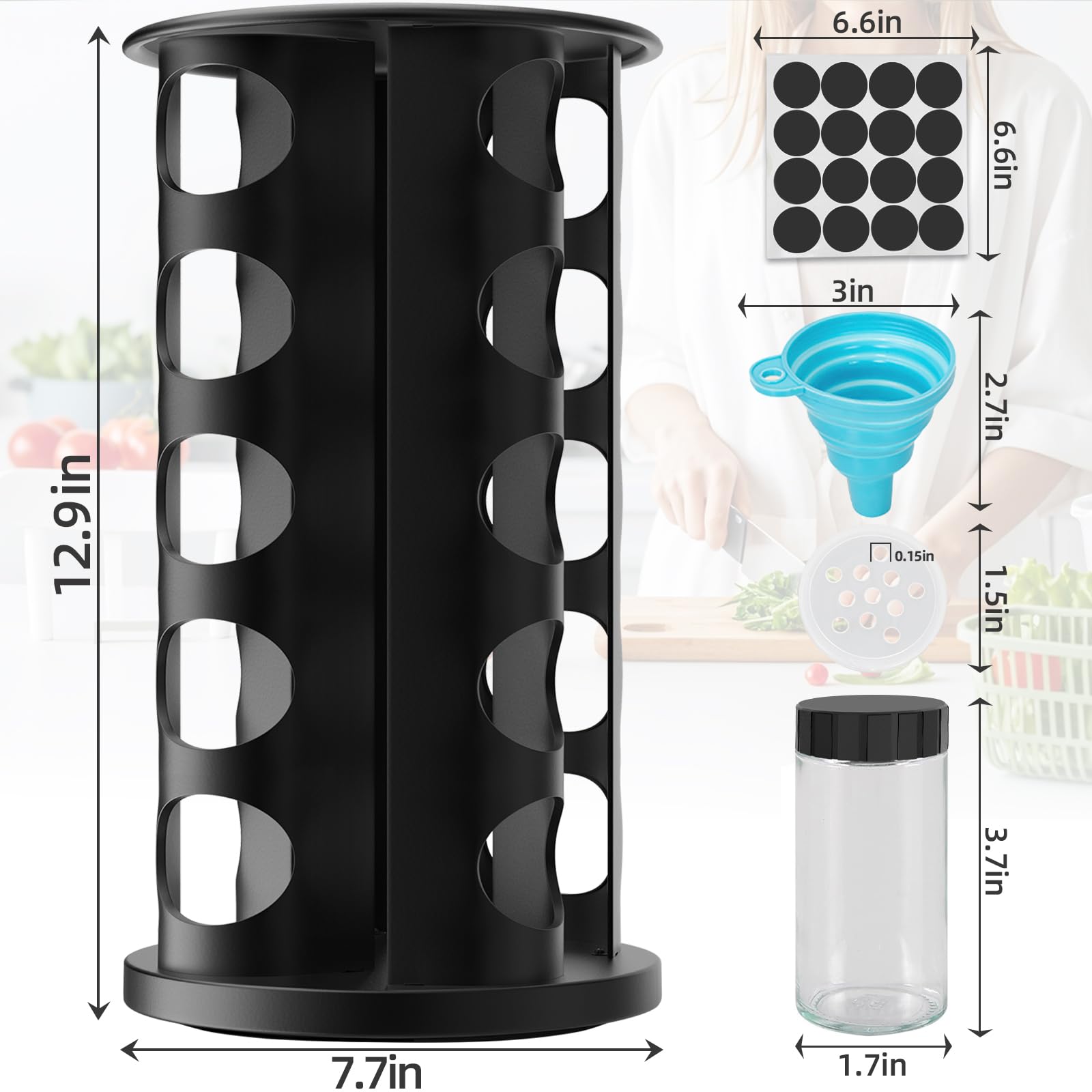 Estante giratorio de especias con 20 vasos de especias,Acero inoxidable | Estante giratorio, Con pegatinas, Funda plegable, Para placa de trabajo o armario