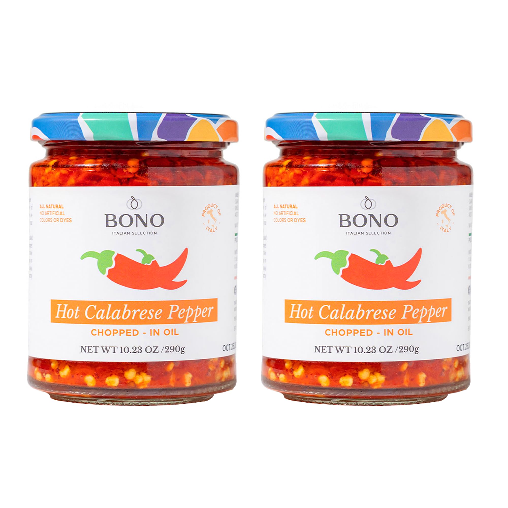 Bono Hot Calabrese Chili Pepper in Oil | Product of Italy | All Natural | No Artificial Colors or Dyes | Non-GMO Verified, (Pack of 2) (10.23 OZ, Chopped)
