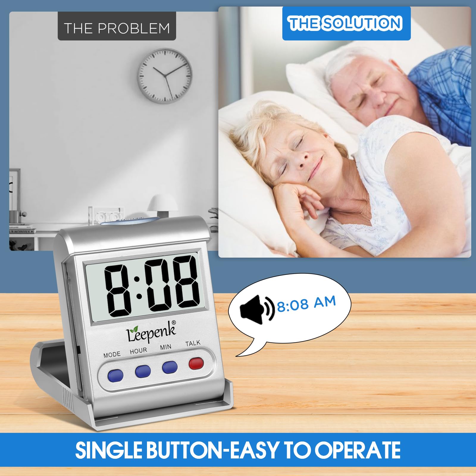 LEEPENK 2 Pack Talking Clocks for Blind Elderly,Hearing Impaired Alarm Clock,English Language Battery Operated Digital Clock for Seniors