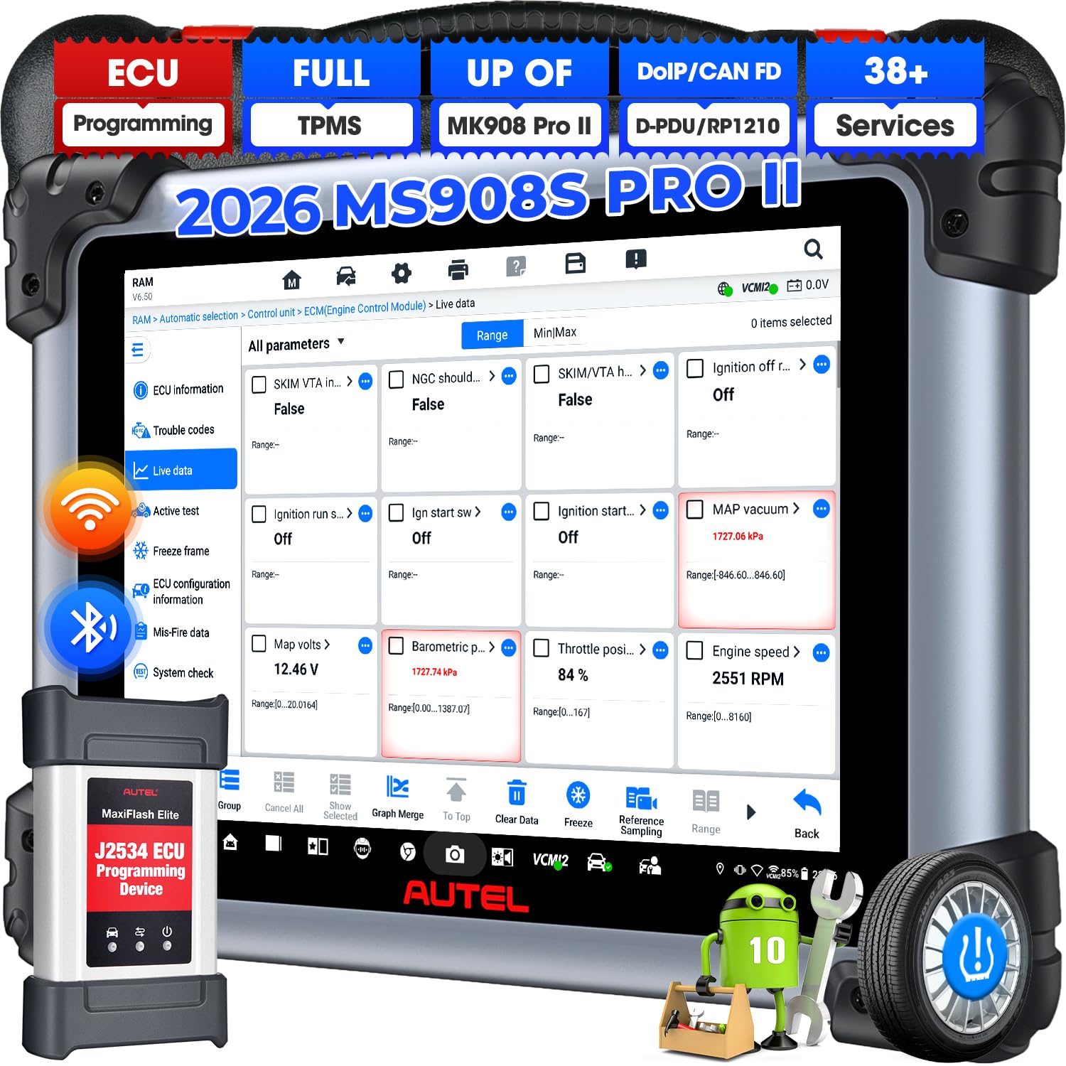 Autel MaxiSYS MS908S PRO II Diagnosis Coche: 2026 J2534 ECU Programación Adaptación Codificación PMI como Elite II PRO, Mejora Herramienta Reprogram MK908P II, AutoScan2.0, Prueba Activa, 38+ Servicio