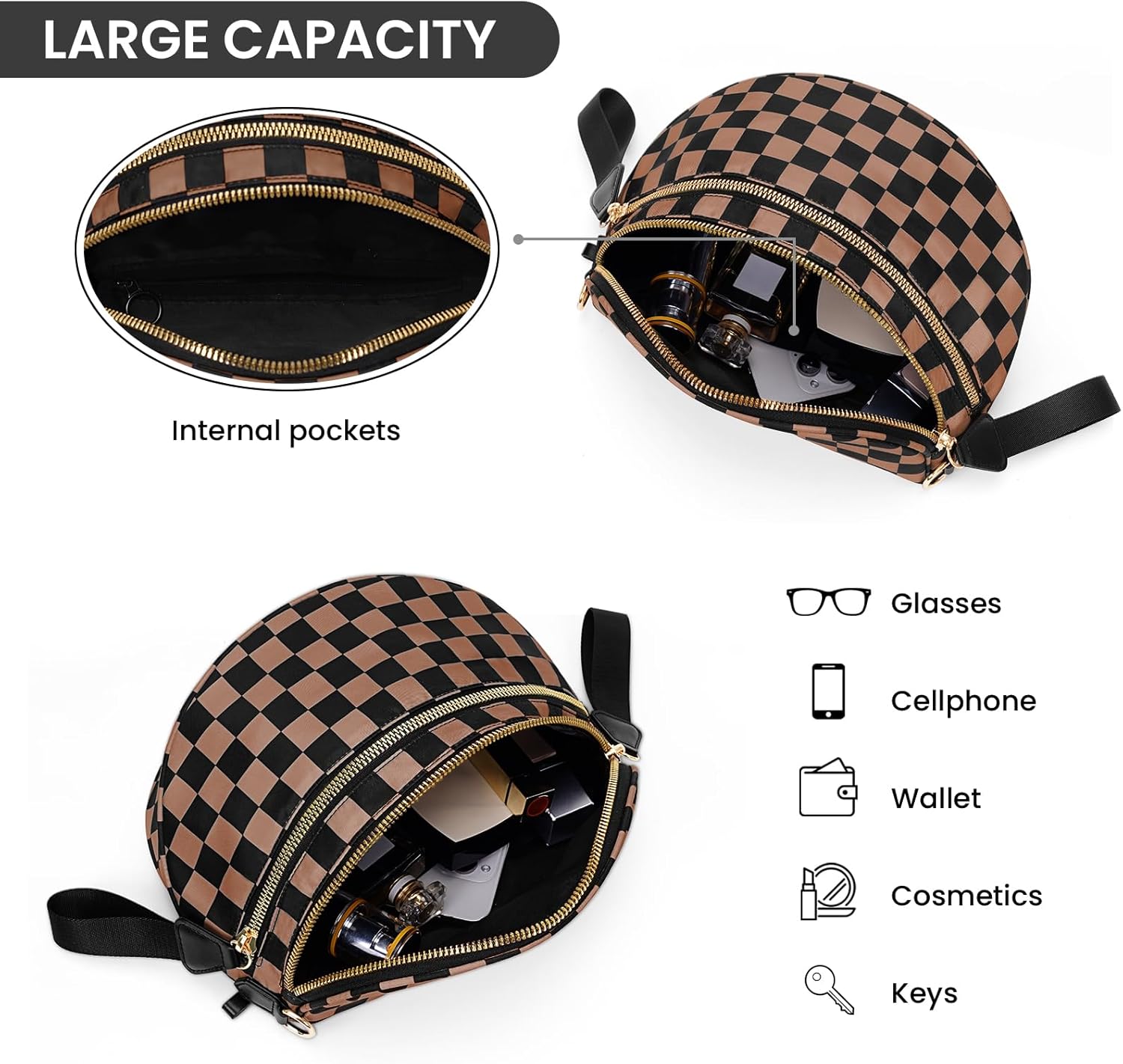 hibear Checkered Crossbody Bag Spacious Bum Bags for Women Nylon Crossbody Fanny Packs Checkered Purse Belt Wallet - Image 5