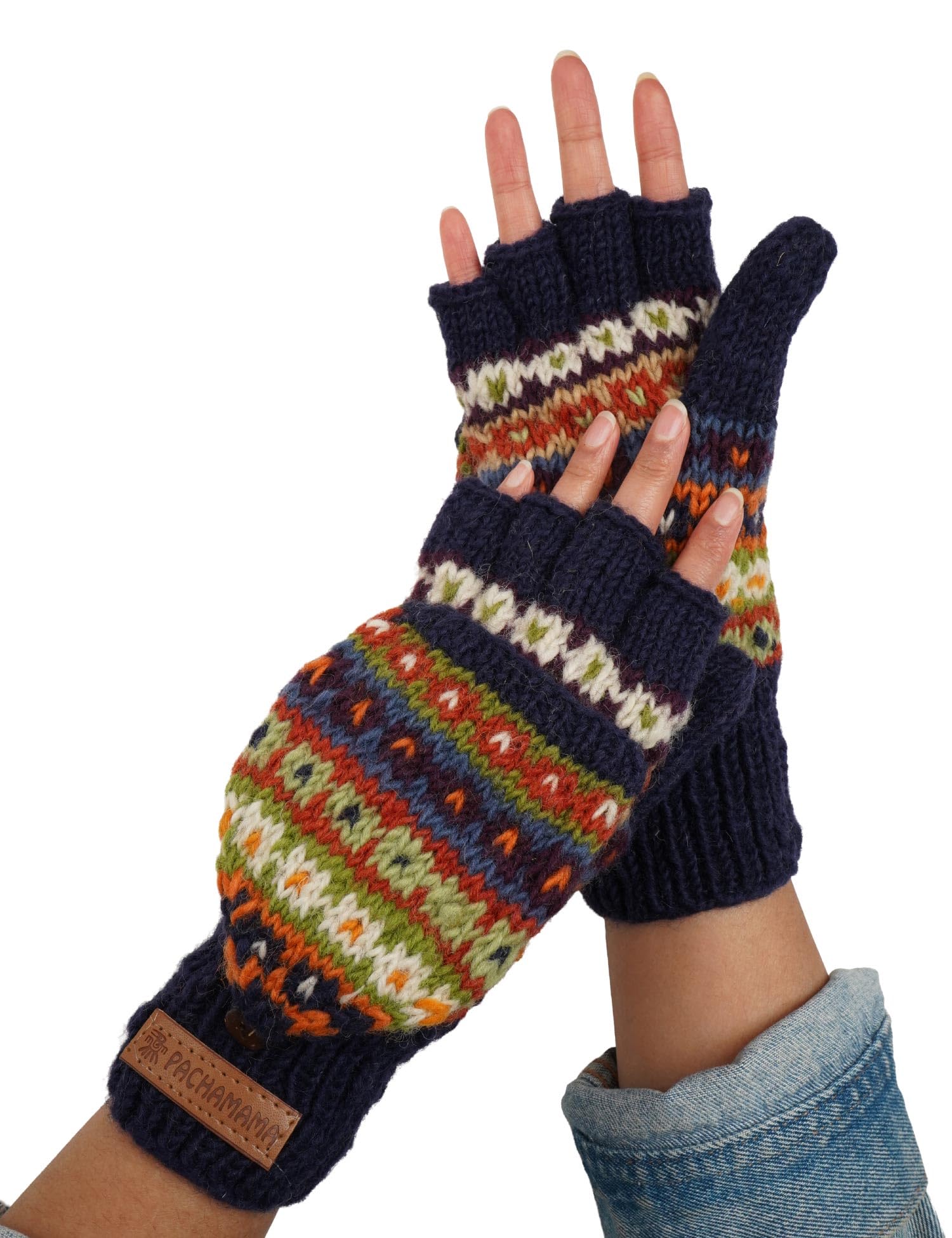 Pachamama Damen Wollmütze mit Bommelmütze und fingerlosen Handschuhen, 2 Stück, Geschenkbeutel-Set, mit Fleece gefüttert, handgestrickt, meliert, gestreift, blau, mehrfarbig, Einheitsgröße