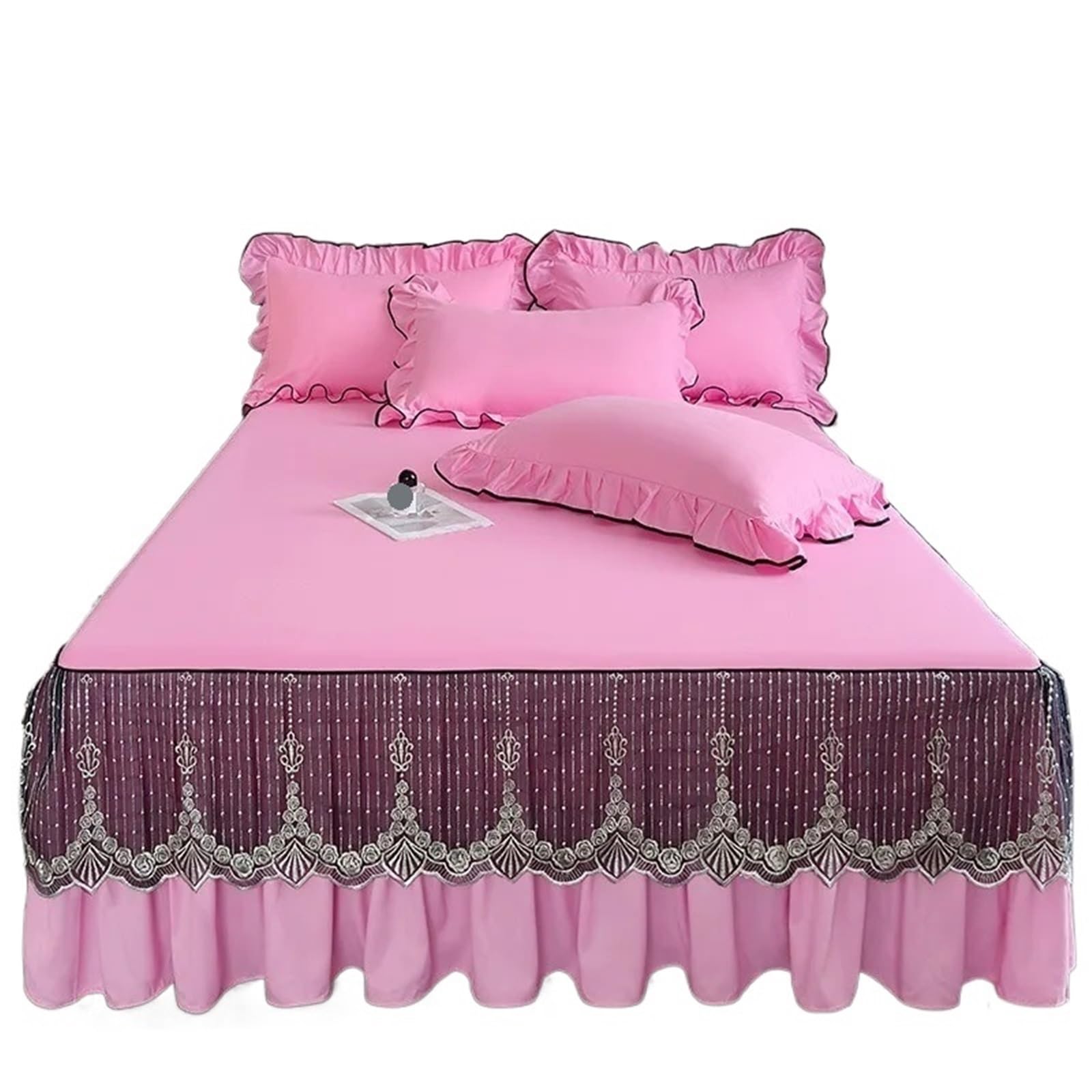 3 Pcs Lace Knit Bed Skirt Solid Color Queen King Bedspread On The Ruffle Home With Pillowcases(Pink,3 pcs 180x200cm)