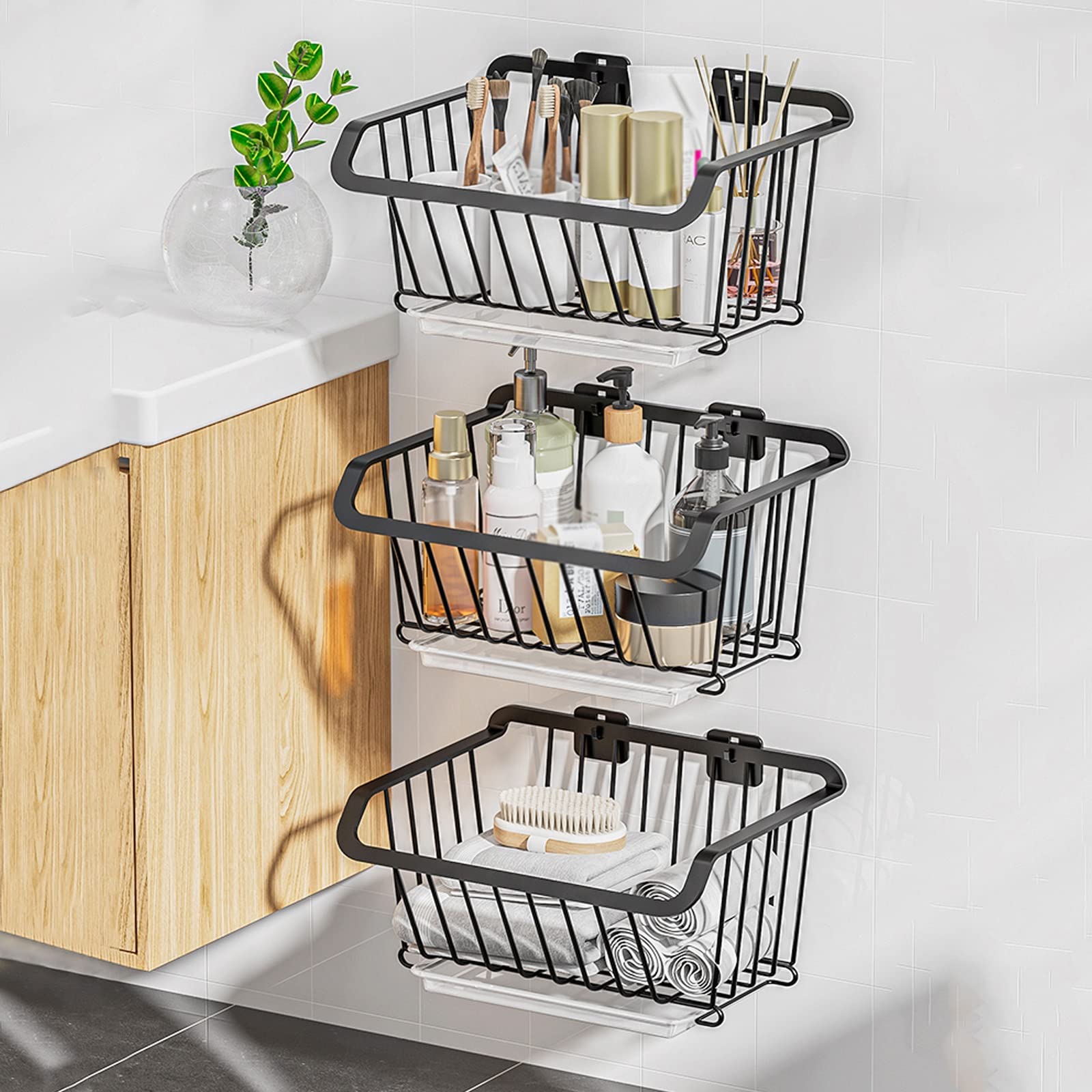 2-Tier Wall Mounted Fruit Basket With Wood Lid - Stackable Kitchen Countertop Storage For Veggies & Snacks - View #2