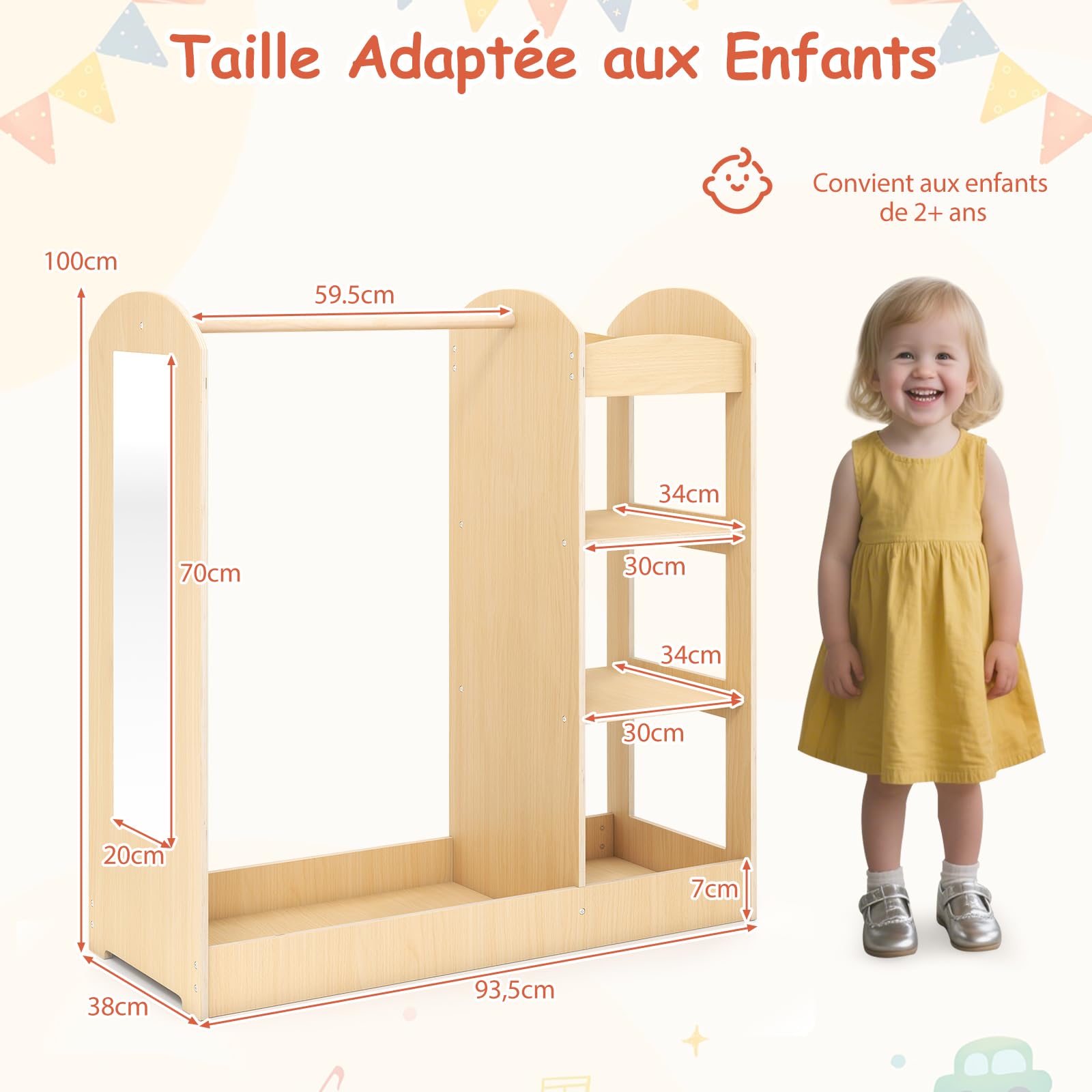 DREAMADE Portant Enfant avec Miroir et Étagère Penderie Fille 2+ Ans en Bois avec Tringle à Vêtements Garde-Robe Tout-Petits Jolie & Robuste & Stable (Naturel)