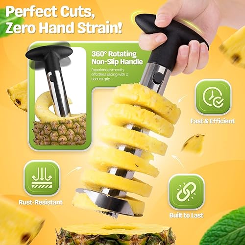 Miniatura 3 de Flexzion - Herramienta de cocina de acero inoxidable para pelar y sacar el corazón de ananá, para cortar y rebanar fácilmente fruta, con mango de
