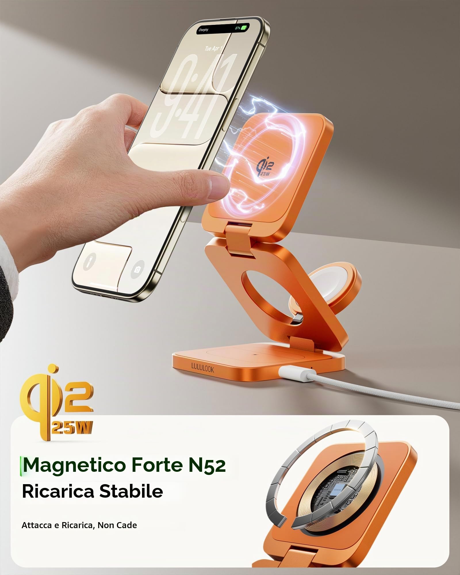 LULULOOK Caricatore wireless Qi2.2 di 25W Stazione di carica magnetica 3 in 1 per iPhone 17/16/15/14/13/12,Apple Watch,AirPods,supporto pieghevole di carica rapida in alluminio con adattatore GaN 45W