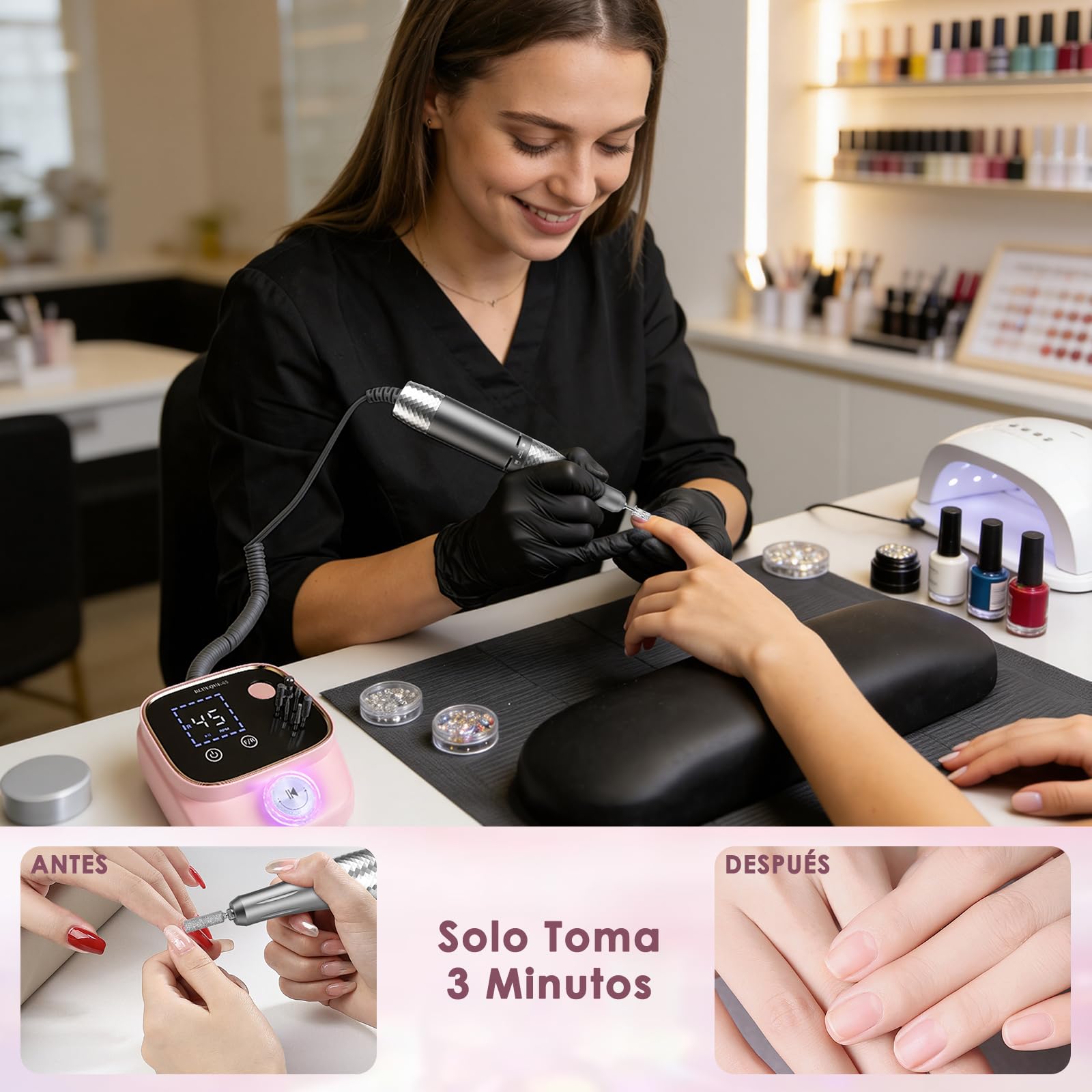 Dreamhigh® Torno para Uñas Profesional 45 000 RPM, Lima Eléctrica Uñas, Fresa para Uñas, Kit de Lima de Uñas Portátil, Manicura y Pedicura, Taladro Eléctrico para Retirar Gel/Esmalte, Rosa