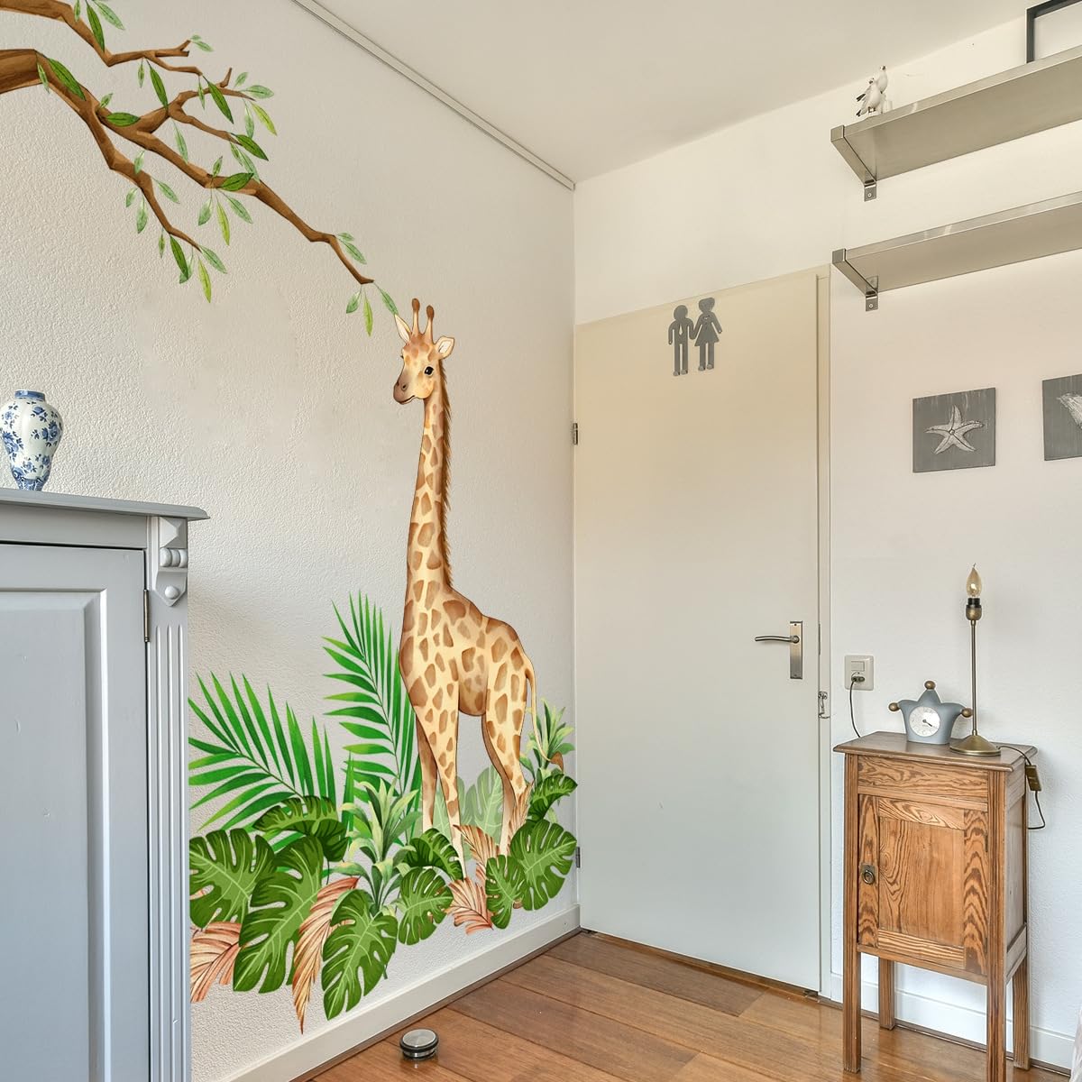 Safari Giraffe Wall Decal Set with Tropical Leaves, 120 x 146 cm, Nursery Room Decoration