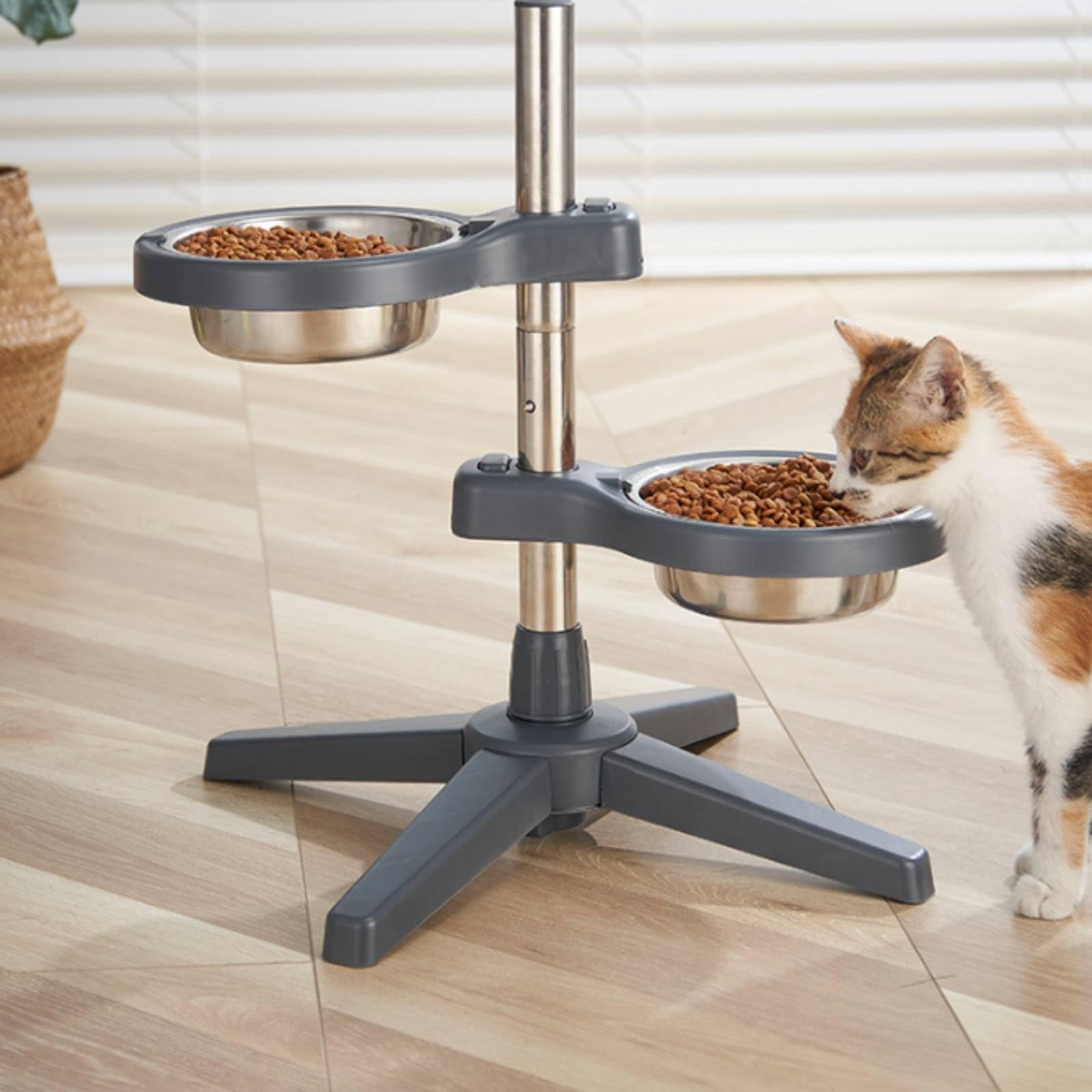 Comedero Elevado para Perros y Gatos Alimentador Ajustable con Dos Platos Soporte Metálico Vertical Estable Bowls de Acero Inoxidable Extraíbles, Gris Oscuro, Grande 21cm