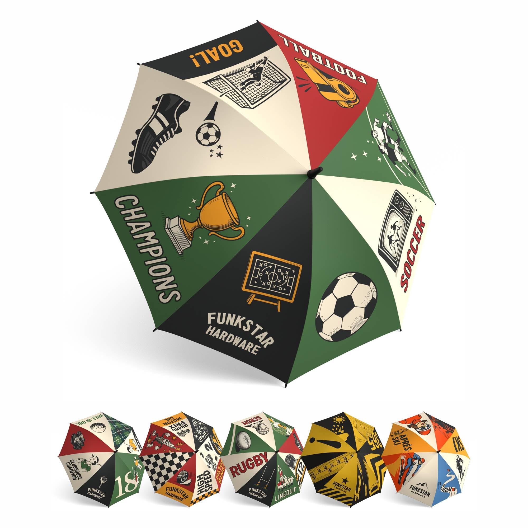 Funkstar Hardware Classic stick umbrella | Soccer design | 115cm windproof fiberglass | Auto open | Waterproof | Large canopy | Football gift for men and women