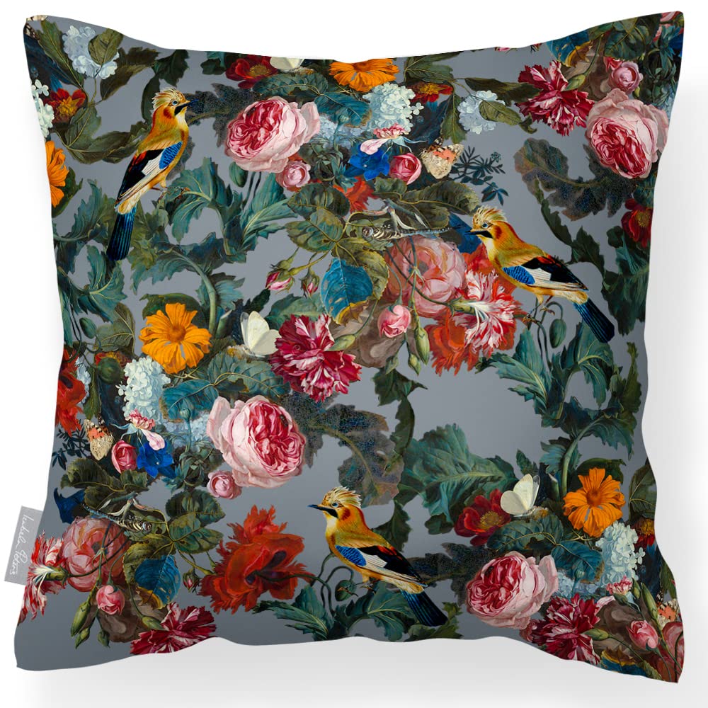 Izabela Peters French Grey Waterproof Outdoor Cushion - Birds In Paradise 43 Cm Filled Garden Seat For Furniture