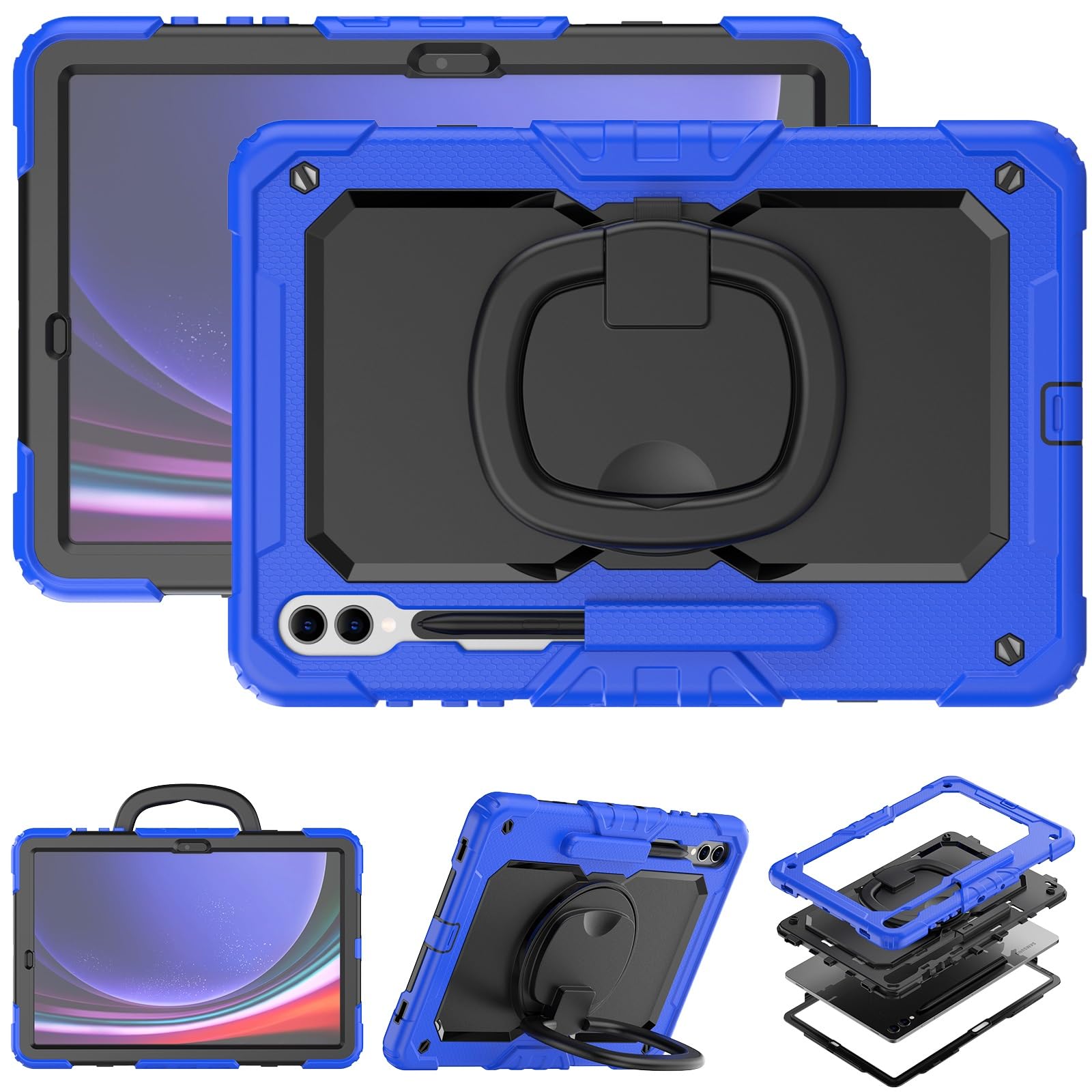 Wytrzymałe, odporne na wstrząsy etui TPU do Samsung Galaxy Tab S10 Plus 12,4 "2024 SM-X820/X826B/X828U Etui dziecięce, uchwyt obrotowy 360 stopni, wspornik stojakowy, osłona ekranu + pasek ramię(Blu)